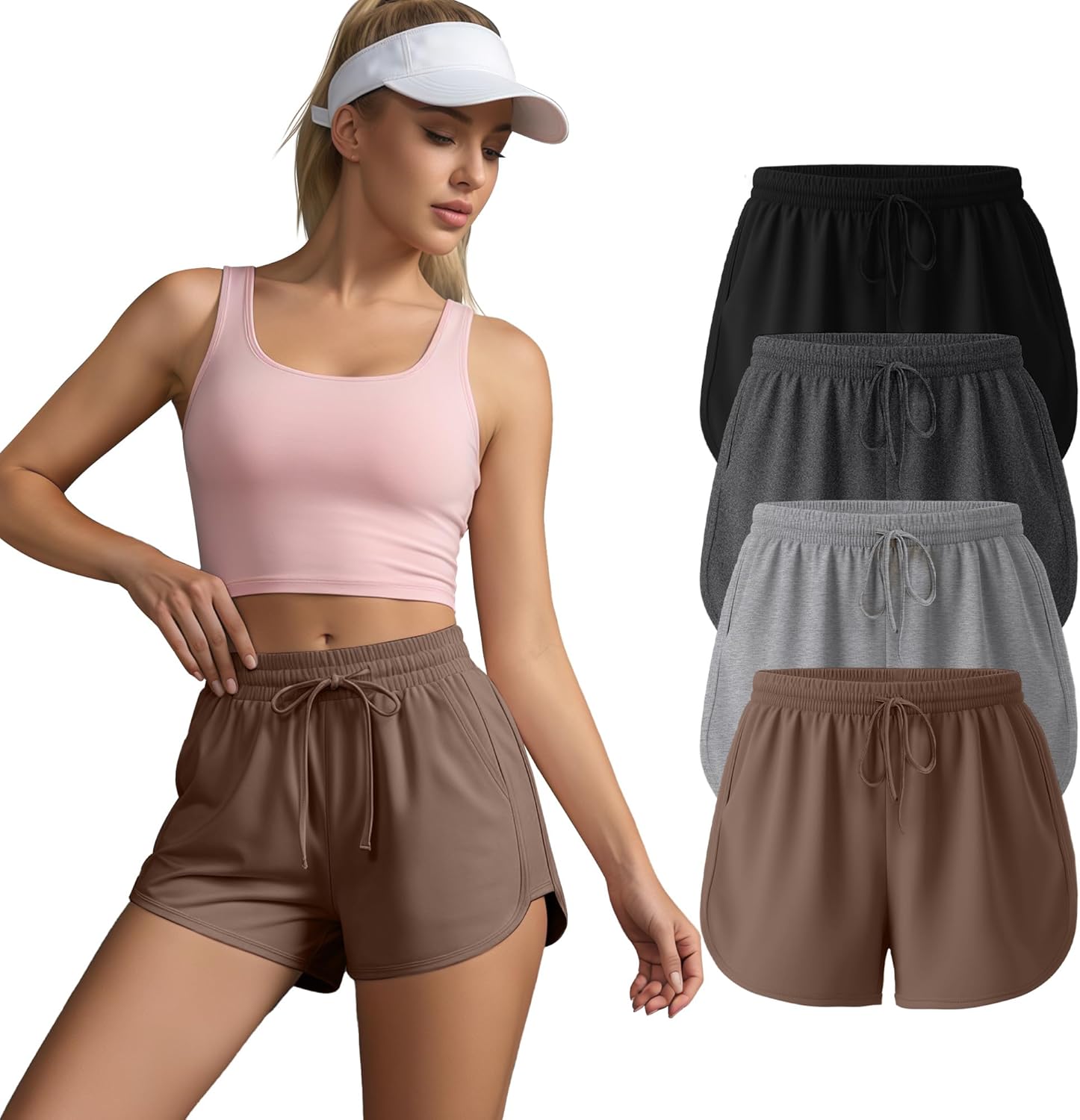 Neer 4 Pack Women's Sweat Shorts Athletic Casual Workout Shorts Loose Drawstring Summer Gym Lounge Sweatpants with Pocket