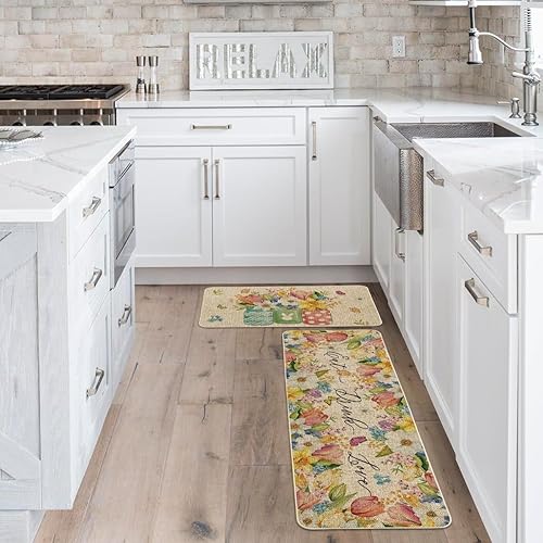 Miniatura 4 de Artoid Mode Juego de 2 tapetes de cocina con diseño de flores, florero, mariposa, primavera, decoración del hogar, hojas de bajo perfil, para piso,
