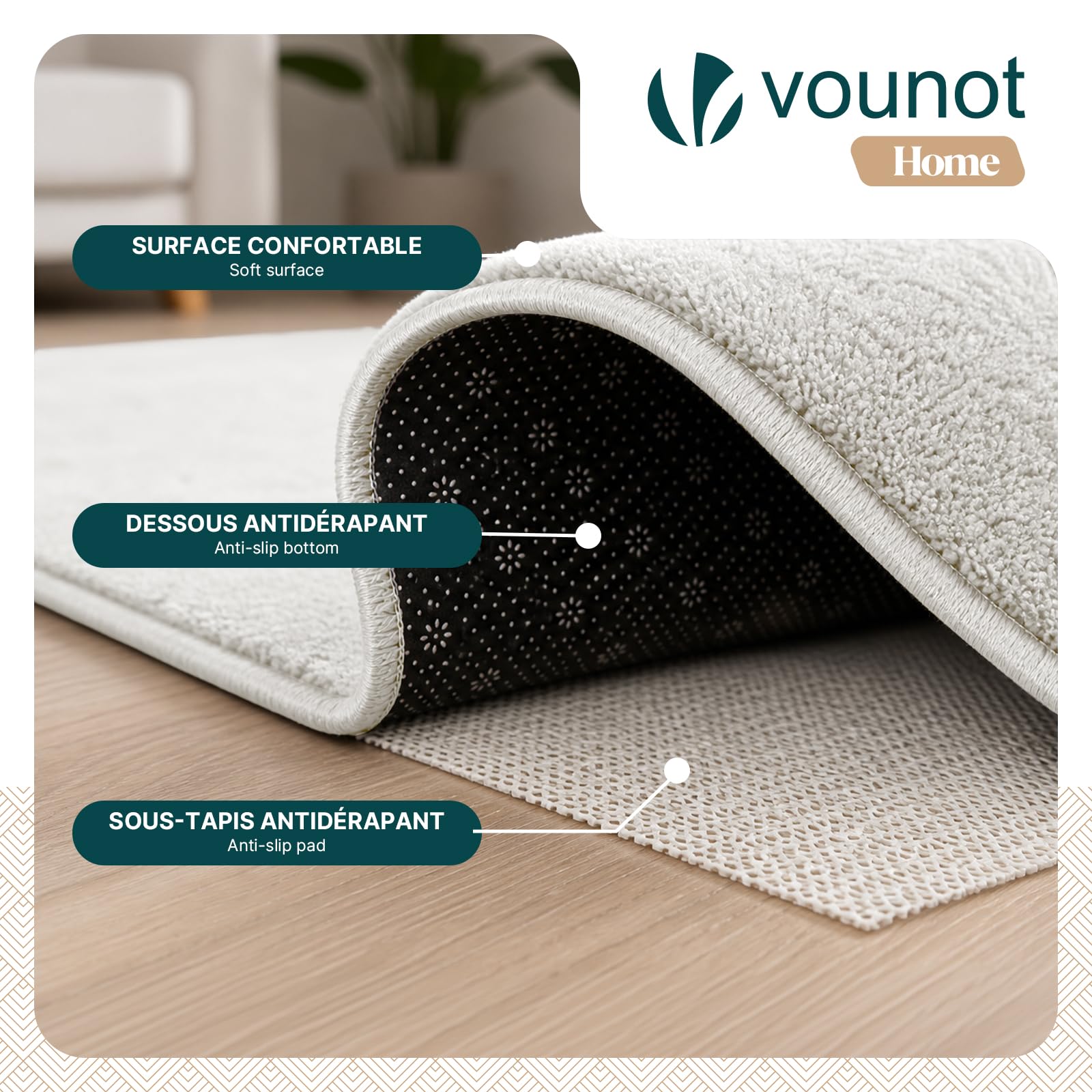 VOUNOT® Alfombra Moderna para Salón 200x300 cm, Pelo Corto Suave y Lavable, con Base y Alfombrilla Antideslizante Doble, para Dormitorio o Habitación, Crema