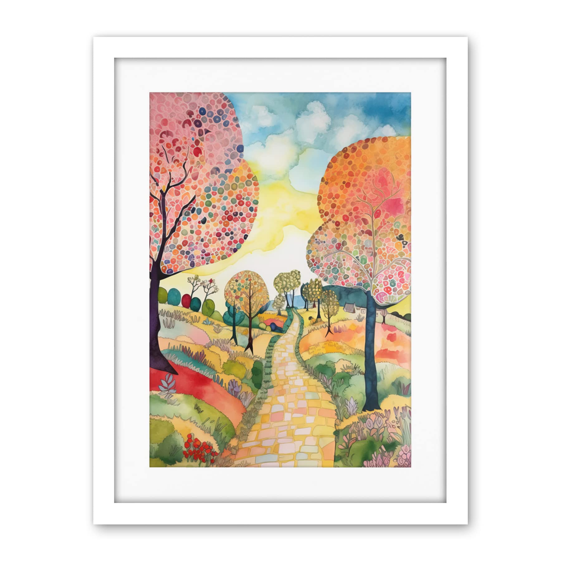 Artery8 Countryside Path With Blooming Flowers And Trees Folk Art Landscape Watercolour Painting Artwork Framed Wall Art Print 18X24 Inch