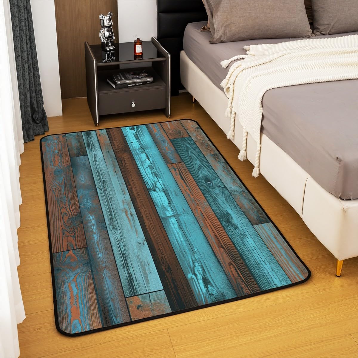 Erosebridal Blue Brown Wood Door Area Rugs for Bedside, Western Rustic Living Room Rugs 5x7, Lodge Farmhouse Printed Barndoor Carpet Non Slip, Vintage Country Wooden Non Shedding Indoor Floor Mat