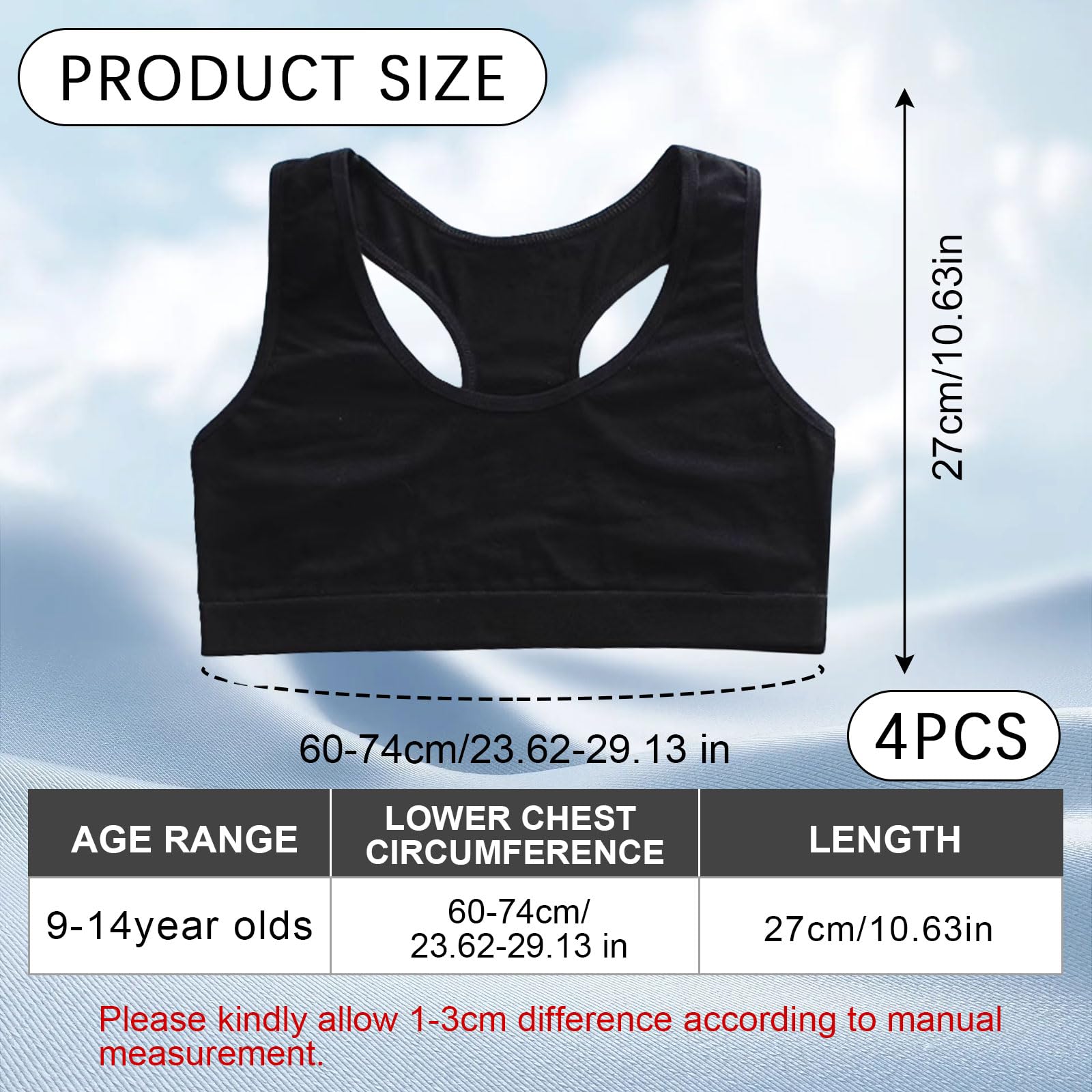 HXZASFG 4-pak biustonoszy typu Crop Top dla dziewczynek, miękki, wygodny bawełniany biustonosz sportowy dla dzieci, bielizna, nieusztywniany biustonosz treningowy, biustonosz typu Crop Top dla