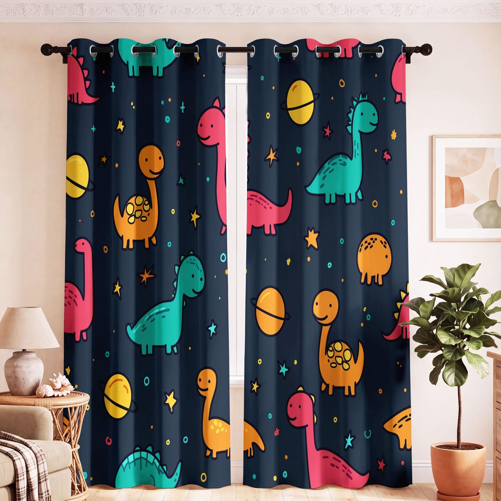 Générique Rideaux en Rideau Occultant Thermiques Rideaux à Oeillets Cartoon Space Dinosaur Planet Galaxy Stars Blue Kids Pattern pour Chambre Salon 2 Panneaux 117 x 229 CM