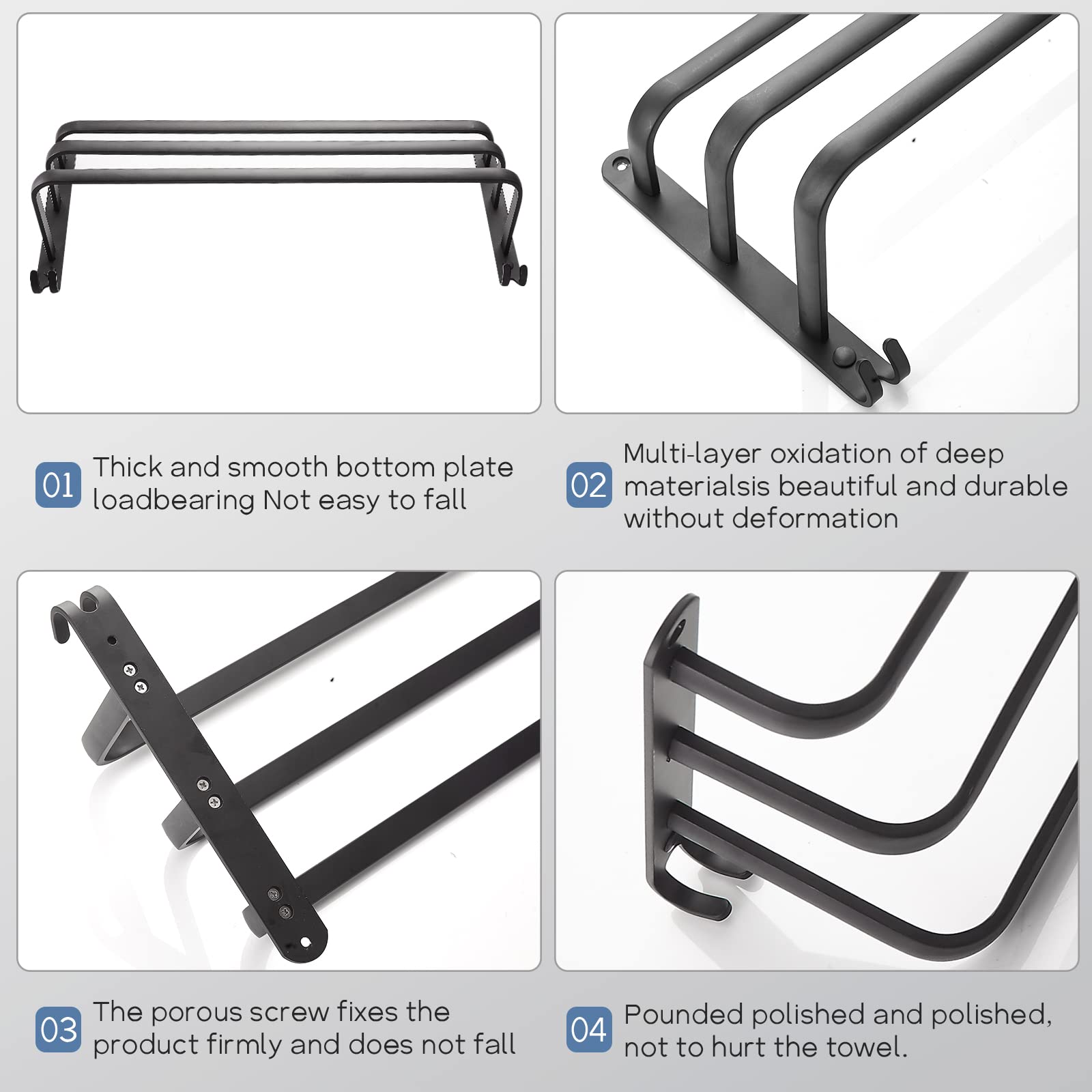 Toallero negro sin taladrar, toallero autoadhesivo de aluminio, toallero de pared de 3 pisos con ganchos, resistente al agua Rust toalla de baño para baño o cocina