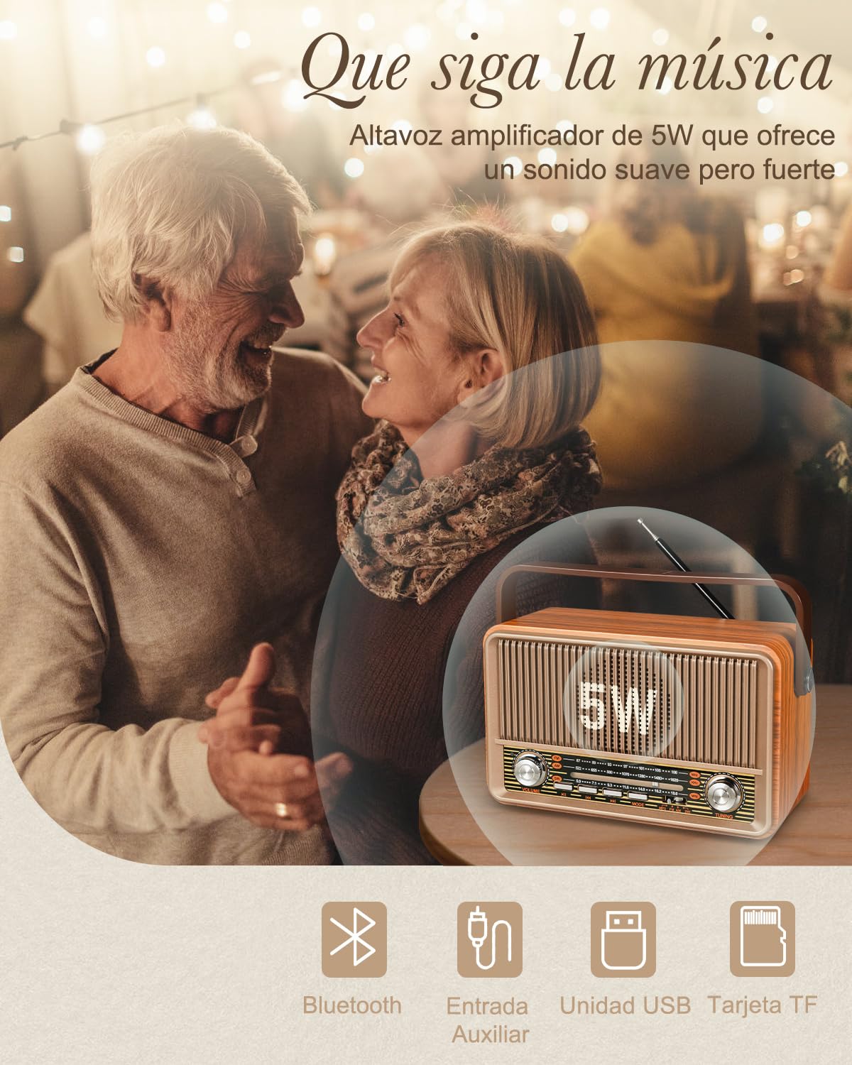 PRUNUS J-120 Radio Vintage Retro FM/AM/SW Portable Bluetooth 5W 1800mAh Recargable