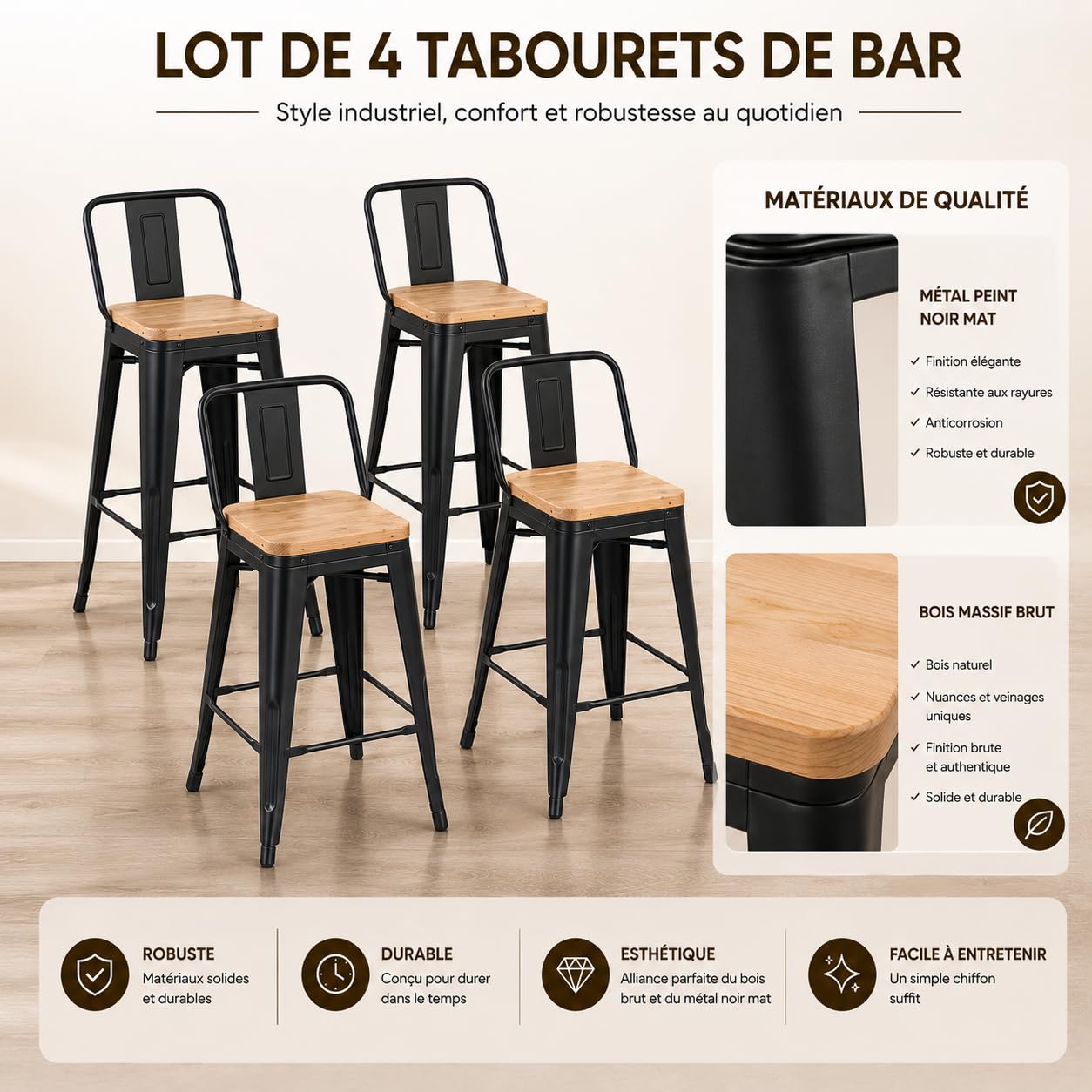 Kosmi Lot de 4 Tabourets de Bar Industriels Hauteur 76 cm avec Dossier – Métal Noir Mat et Assise Bois Clair Naturel – Chaises de Bar pour Îlot de Cuisine, Snack, Mange-Debout, Restaurant