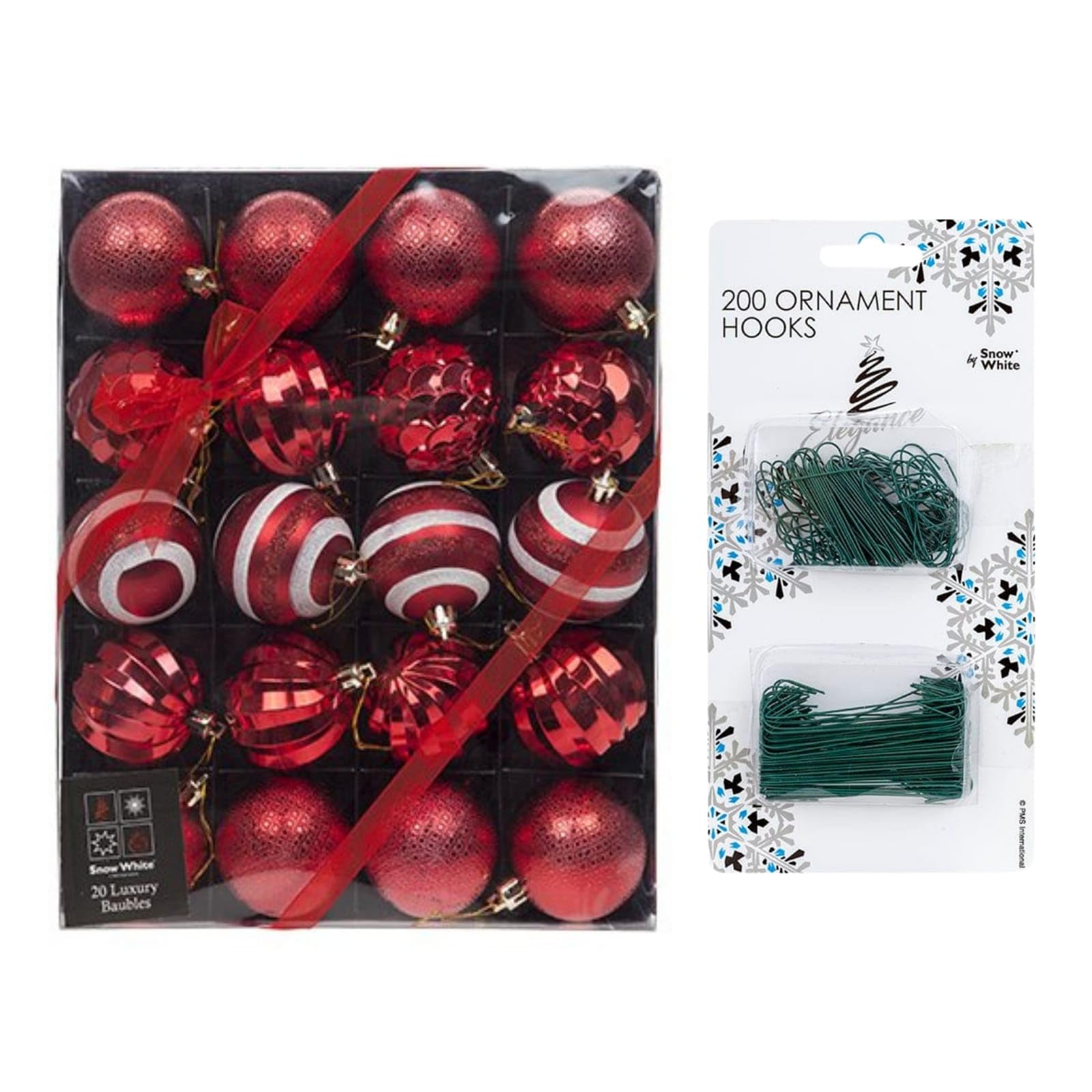 Homesecret 6Cm - 20 Pcs Red 6Cm/3Cm 20 Pcs With 200 Bauble Hooks Christmas Tree Baubles Multiple Variation In Red | Shatterproof Glitter Christmas Baubles | Elegant Hanging Ornament Balls For Xmas Tree & Festive Holiday Décor.