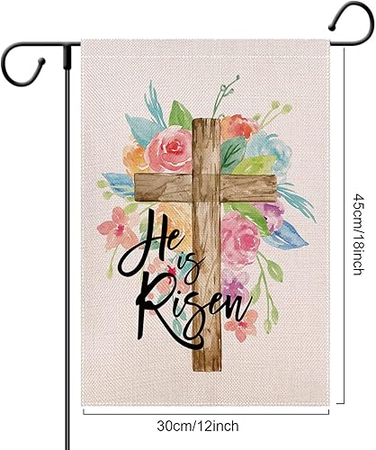 Miniatura 5 de Bandera de jardín de Pascua con texto en inglés He is Risen para exteriores de 12 x 18 pulgadas doble cara decoración religiosa de patio cristiano