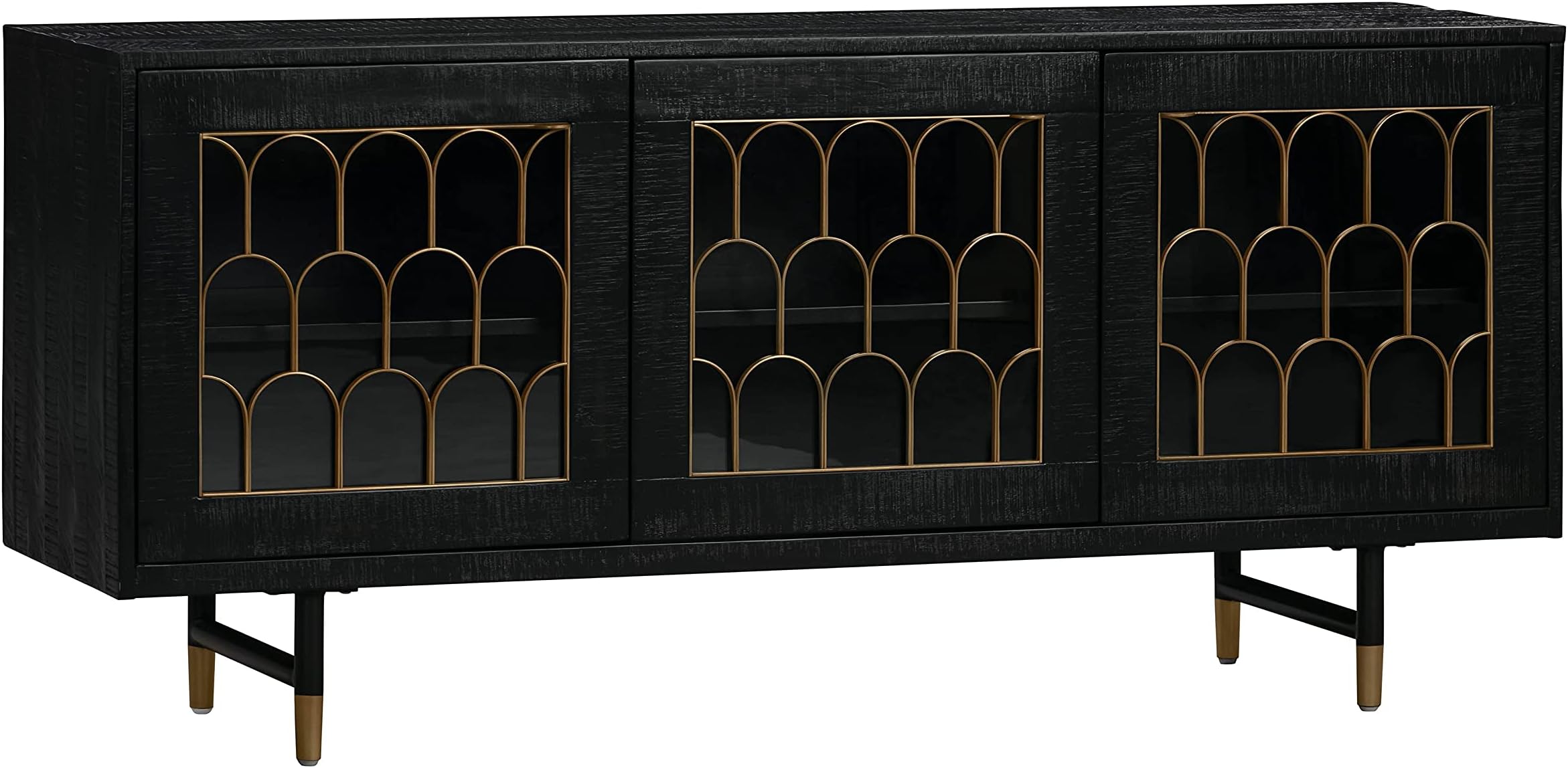 The The Gatsby Collection Art Deco Brass Dark Acacia Wood Buffet Table with Tempered Glass Doors,