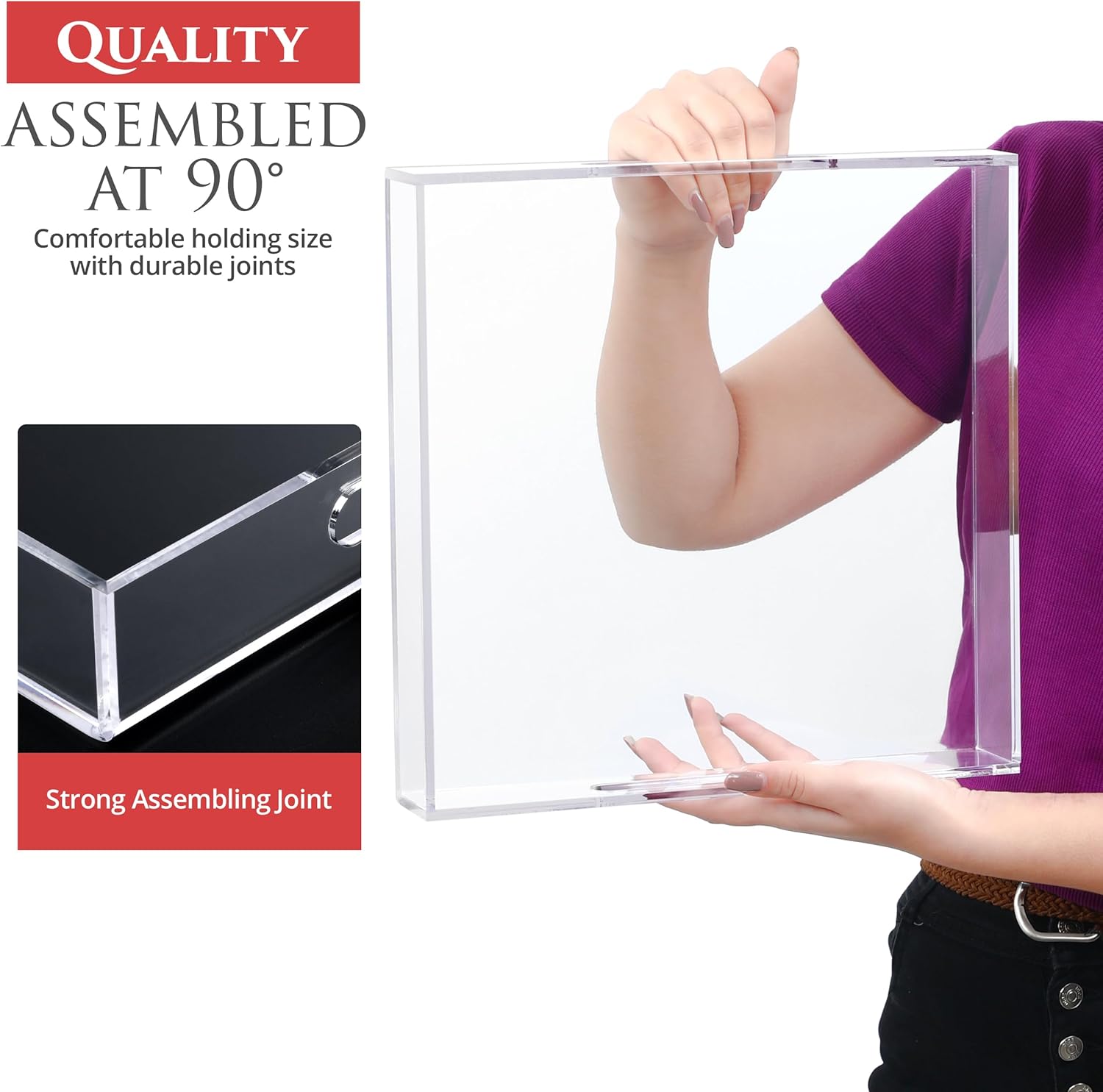 Acrylic Tray 12x12 with Cut Handles - Spill Proof Decorative Tray is an Ideal Countertop Organizer for Living Rooms, Ottoman Coffee Tables, Offices, Kitchens & Serving Guests