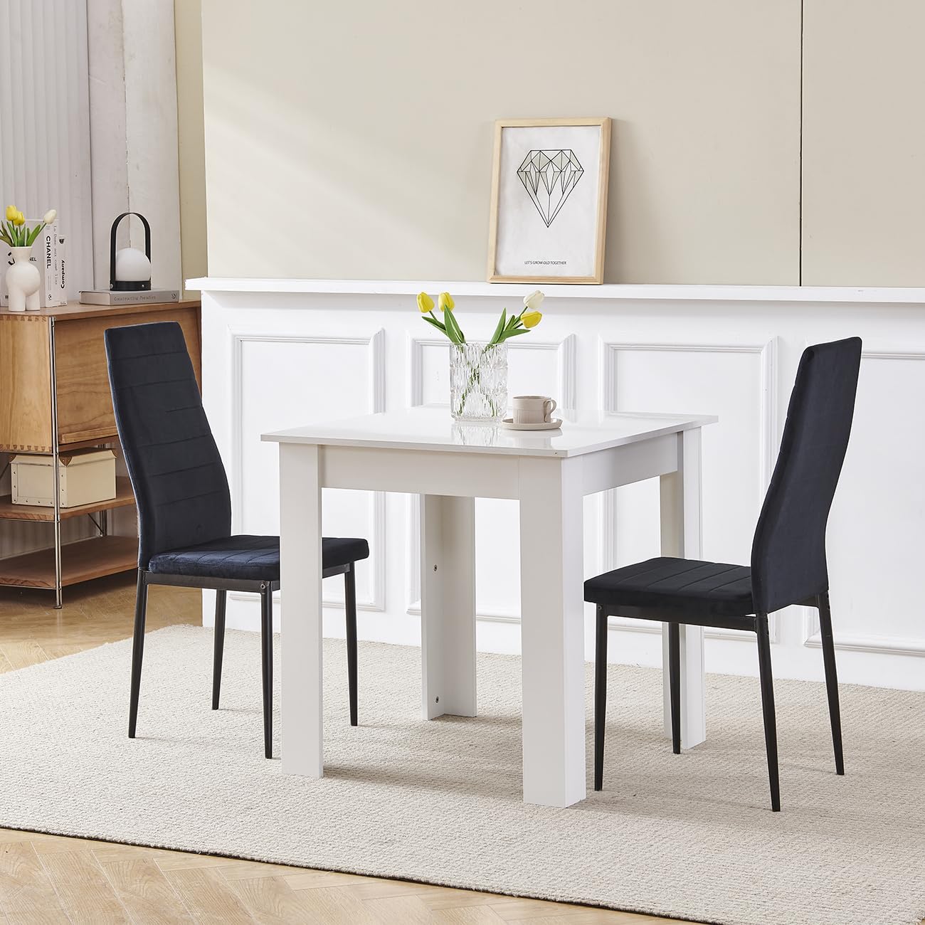 Pantanal Modern White Wood Square Dining Table and Black Linen Chairs Set of 2 for Small Space, 3pcs Kitchen Table with 2 Seater Chairs โ image 1
