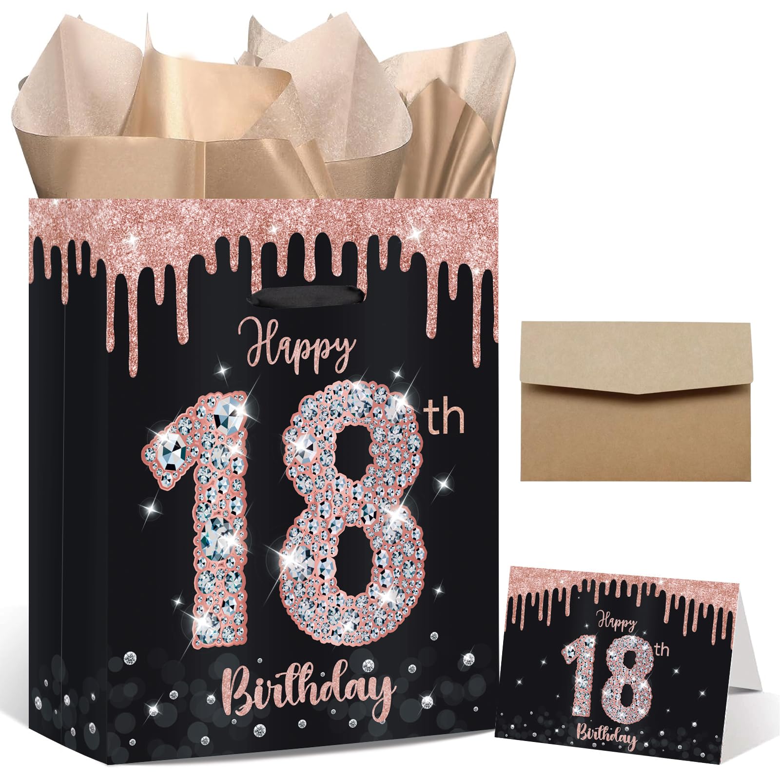 Rose Gold Happy18th Birthday Gift Bag with Greeting Card and Tissue Paper for Girls Rose Gold 18th Birthday Gift Wrap Bag for 18th Birthday Party