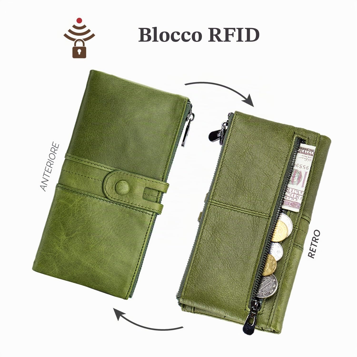 Roulens Portafogli da donna in vera pelle, multifunzione, sottile, con cerniera, grande capacità porta carte con RFID
