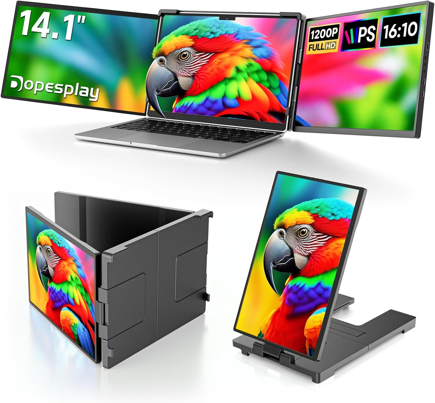 14.1" Triple Portable Monitor FHD 1920x1200 IPS -Second External Display with HDMI/Type-C/USB, 60Hz, Plug & Play, Fits 14"-17.3" Laptops, Ideal for Home Office, Travel, Study