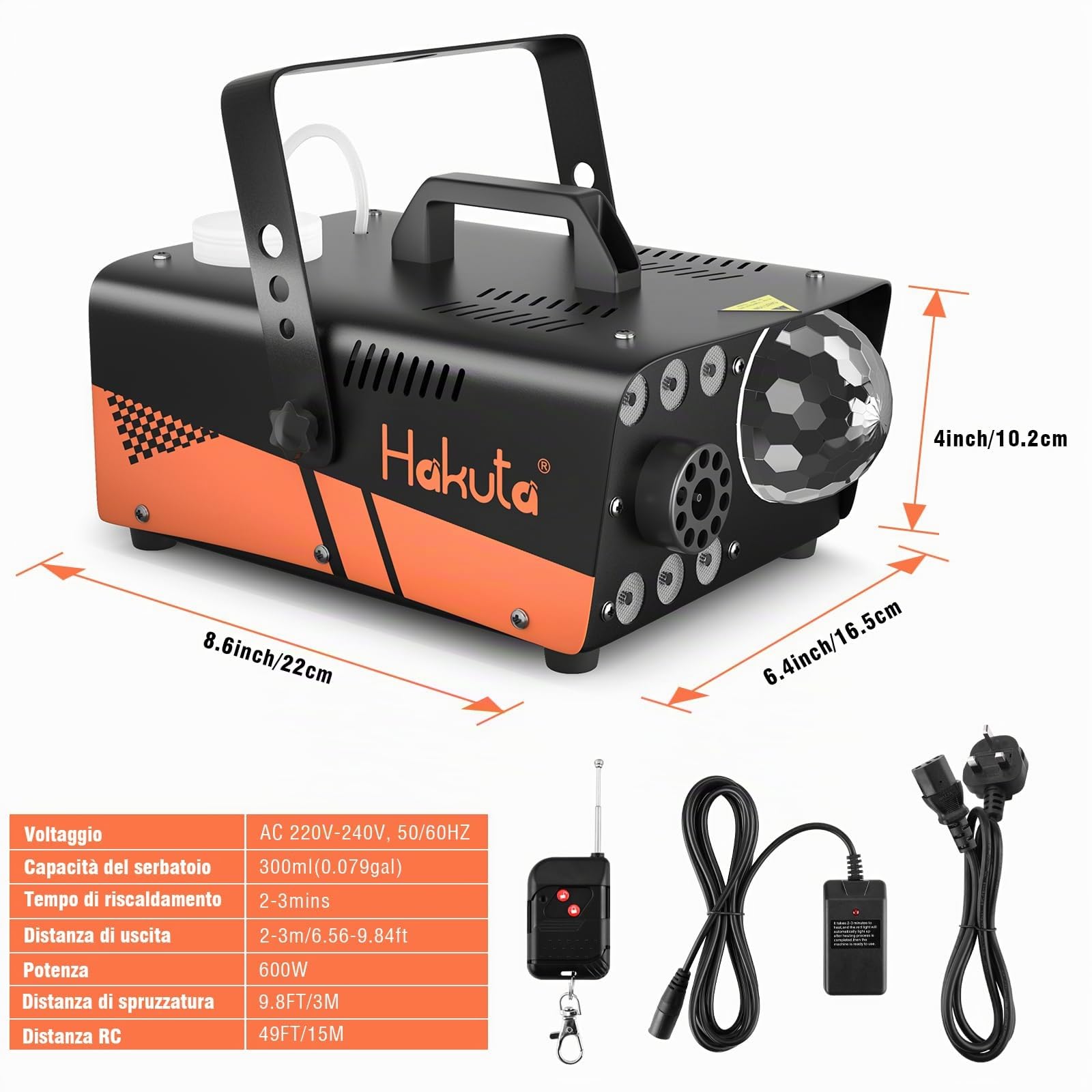 Hakuta, macchina per nebbia, 600 W, con luci a sfera da discoteca e luci LED RGB a LED, 2300 CFM spray con funzione di spruzzo automatica, ideale per feste
