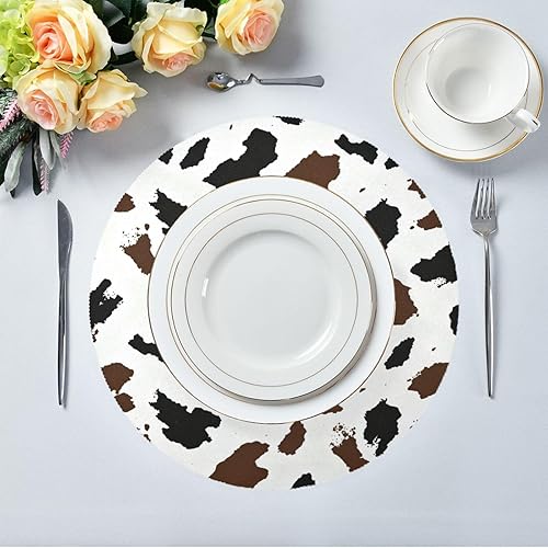 Miniatura 5 de Juego de 4 manteles individuales redondos de primavera con estampado de piel de vaca estilo callejero para mesa redonda de 15 x 15 pulgadas