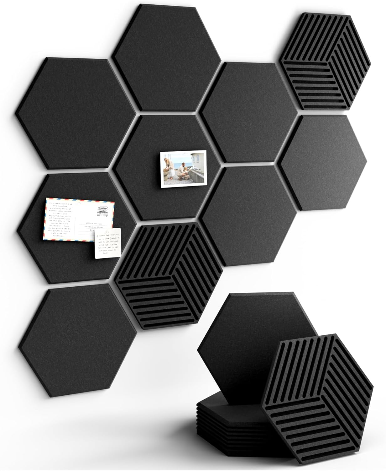 Fluxynara Hexagon Cork Boards Alternative for Walls Decor-10-Pack Felt Bulletin Board Tiles,with 30 Pushpins,50 Adhesive Tabs,Cork Boards for Office & Home Pin Board Felt Board-Black