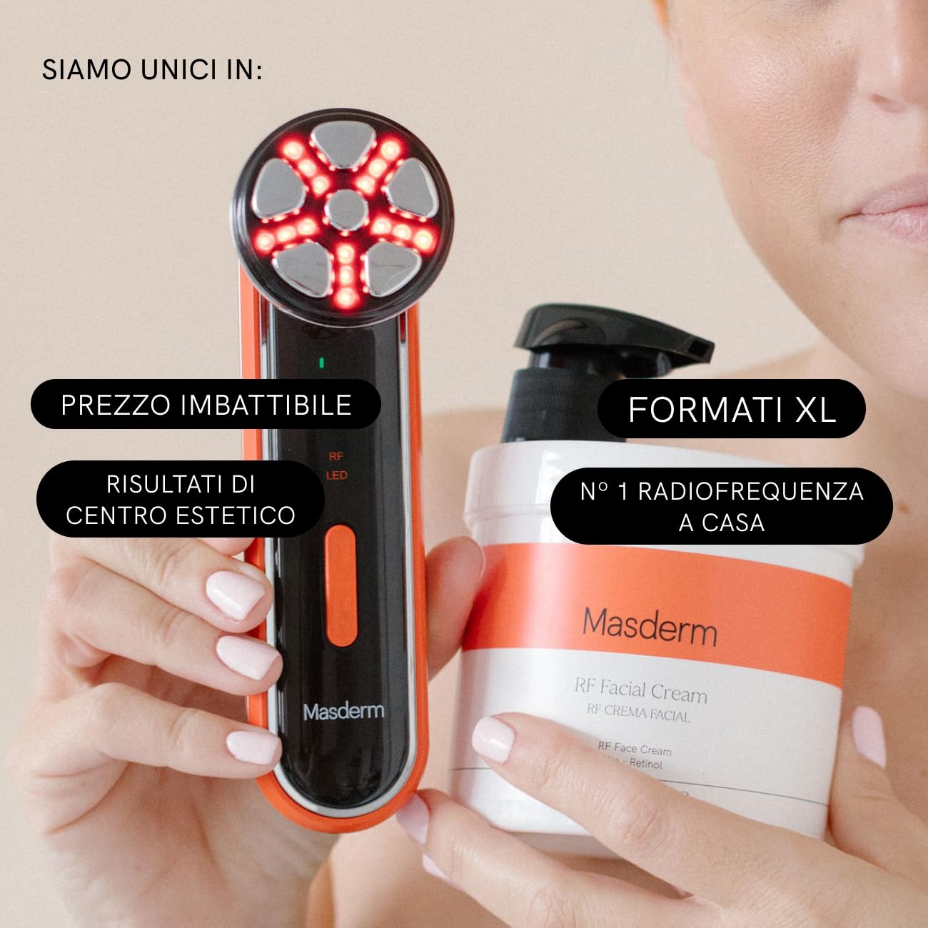 MASDERM Radiofrequenza Facciale Professionale con Crema Rassodante 500 ml, Massaggiatore Viso Elettrico Lifting 2 Pack