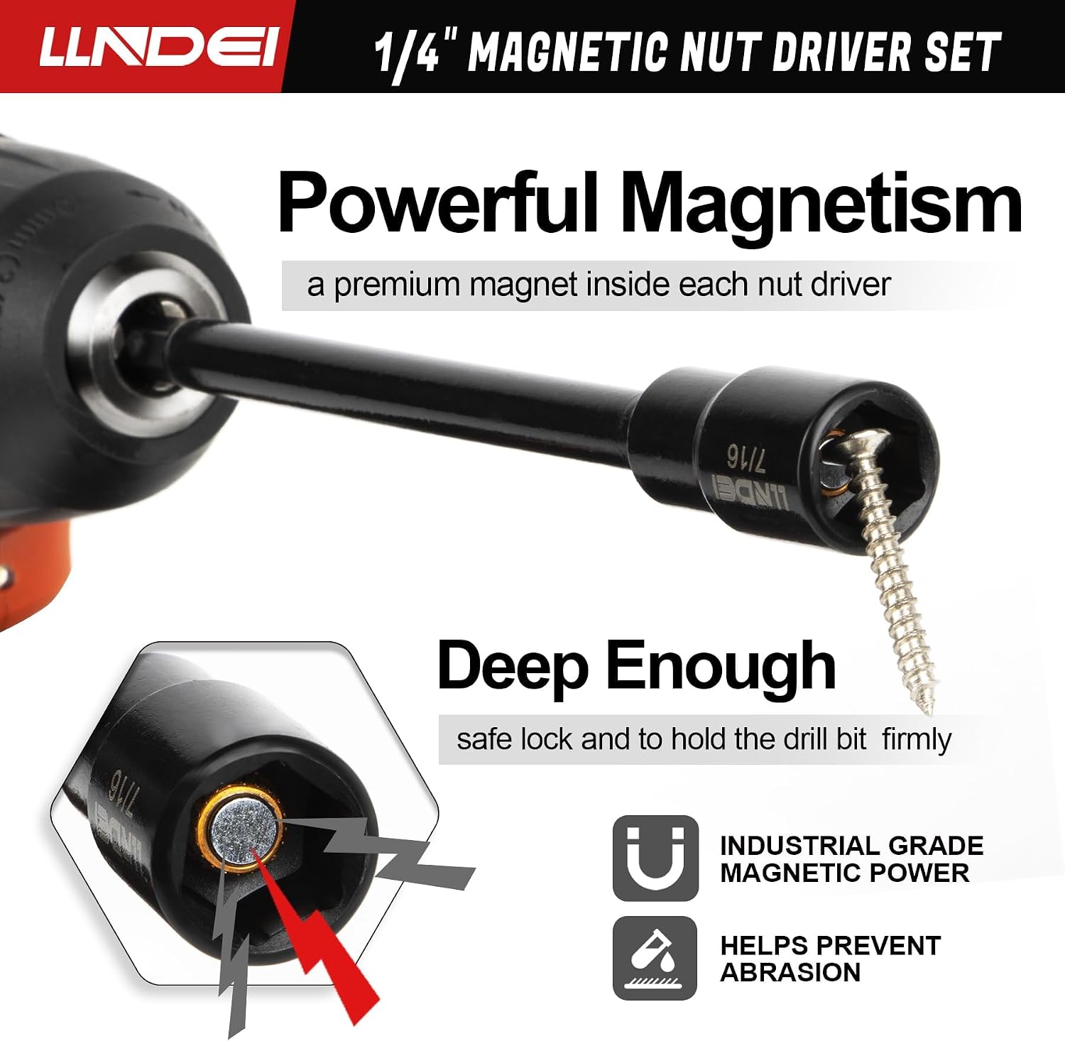 LLNDEI 1/4" Drive Socket Set & Nut Driver Set 38PCS,1/4-Inch Sockets Deep&Shallow SAE 5/32" to 9/16" with Ratchet, Hex Shank 6" Long Nut Drivers(1/4" to 9/16") for Drill Bits(PH1 PH2)
