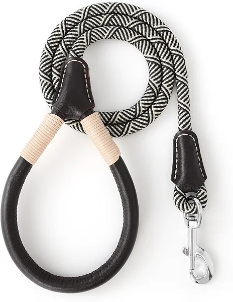 Mile High Life Genuine Leather Wrapped Handle Dog Leash, w Heavy Duty Clasp Rope Leash for Small Medium Large Dogs (Black Beige, 6FT)