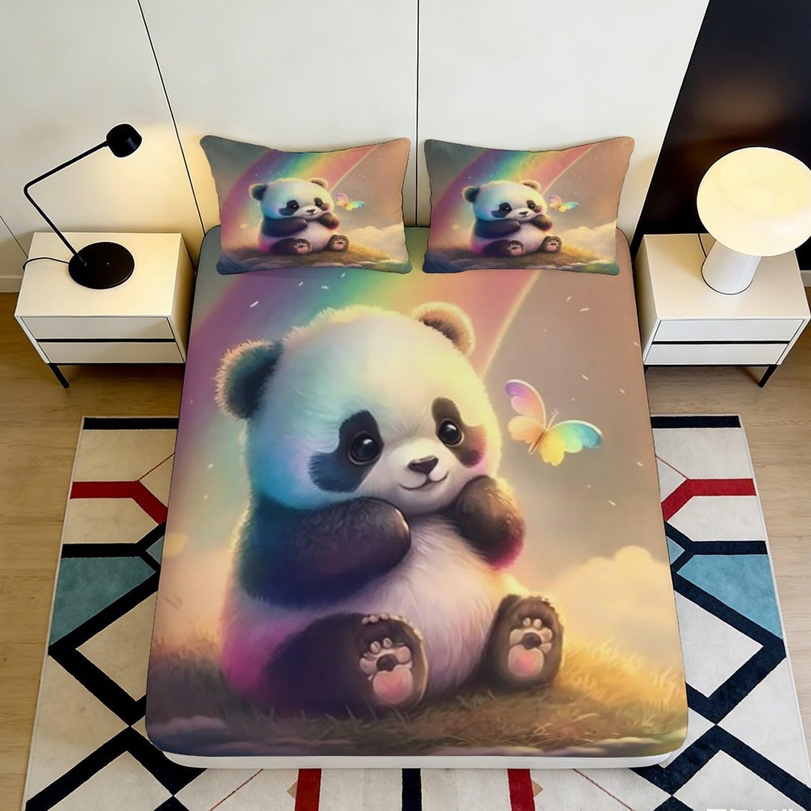 3D Printed Cute Panda Microfiber Fitted Sheet Soft Breathable Rainbow Butterfly Bed Cover for Bedroom Dormitory Guest Room Mattress Protection 200x200x25cm