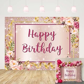 Pink Floral Happy Birthday Photography Backdrop Banner Glitter Rose Gold Sparkle Women Sweet Princess Girl Birthday Party Photo Background Cake Table Decor Props(7x5FT) (7X5FT(82x59inch))