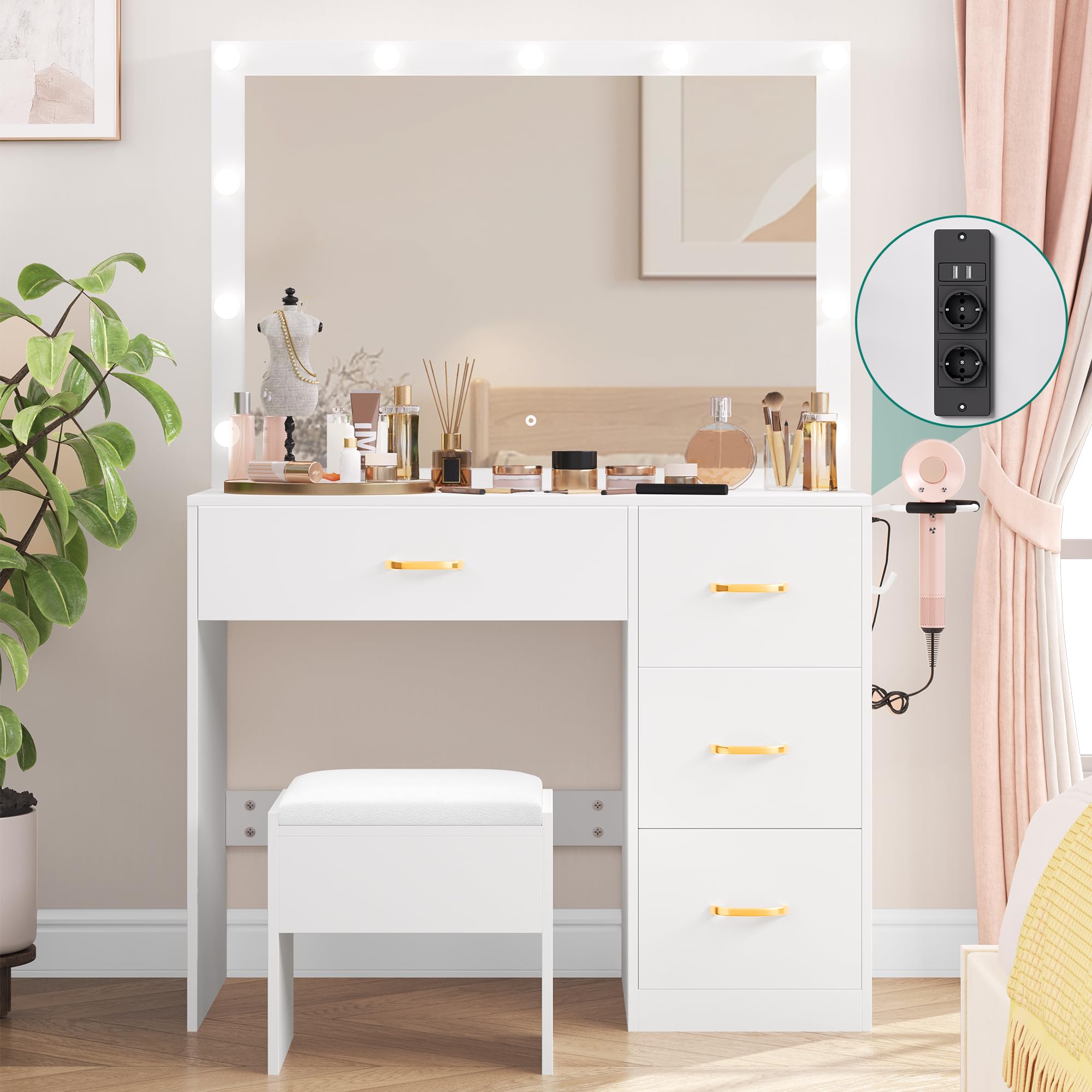 YITAHOME Schminktisch mit Spiegel, Kosmetiktisch mit 4 Schubladen, Frisiertisch mit Hocker, Beleuchtung, Steckdose, Weiß (Make Up Tisch, Frisiertisch, Kosmetiktisch, Vanity Table)