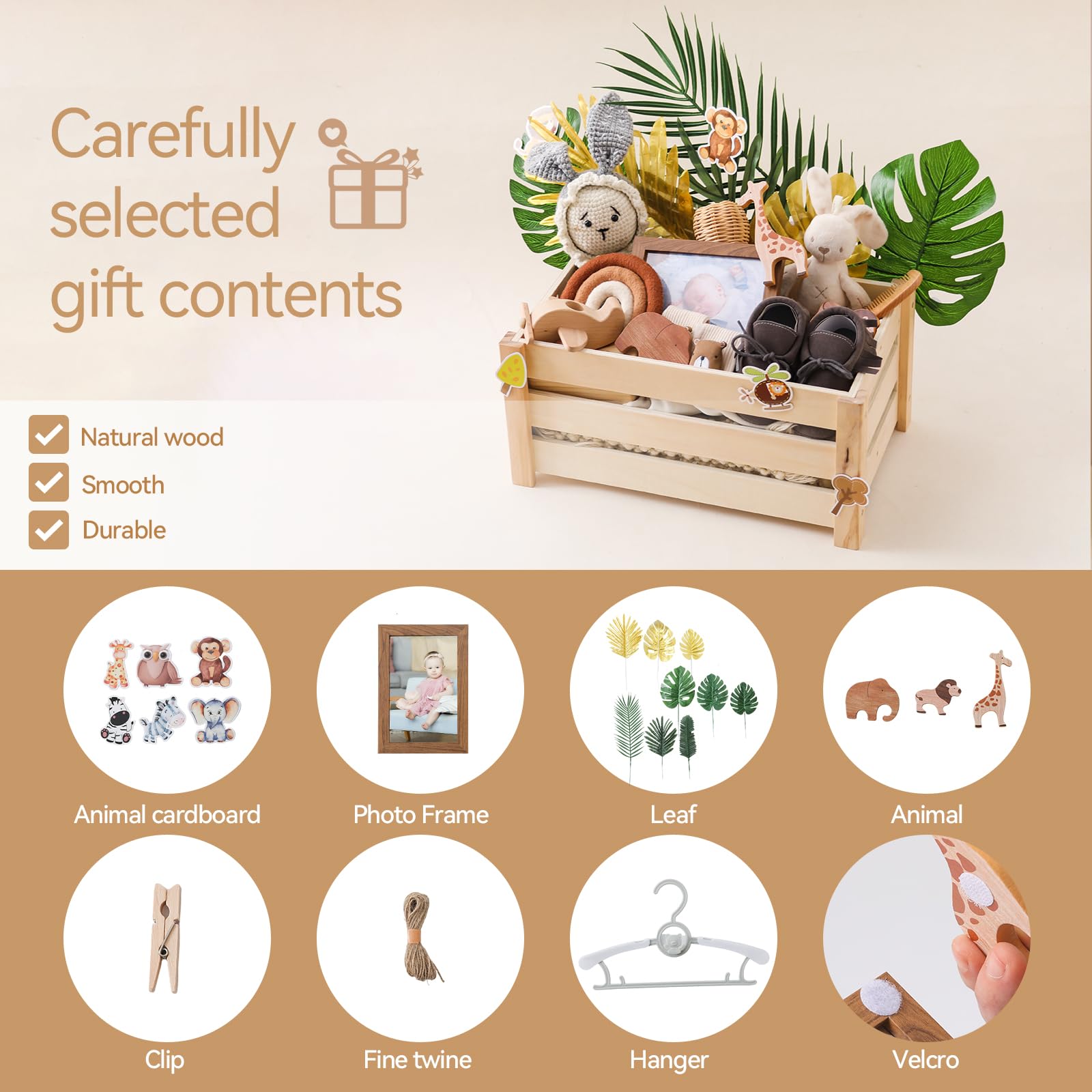Cesta de regalo de madera para bebé (combo de animales arbustos)