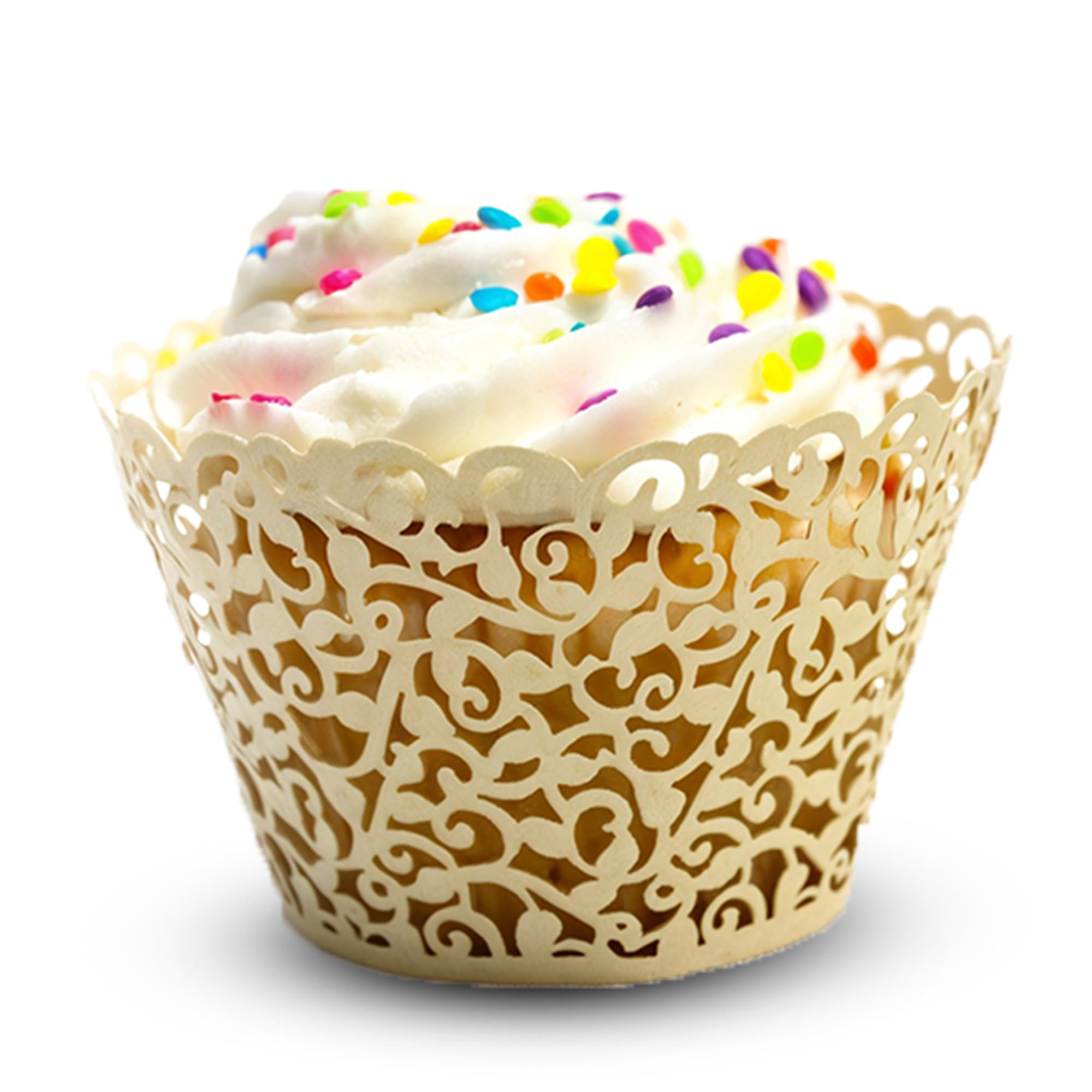 WedDecor Beige Cupcake Wrapper Liners for Muffins, Laser Cut Lace Baking Cups, Elegant Disposable Muffin Holders for Weddings, Engagements, Birthdays, Baby Showers & Holiday Events, 50pcs
