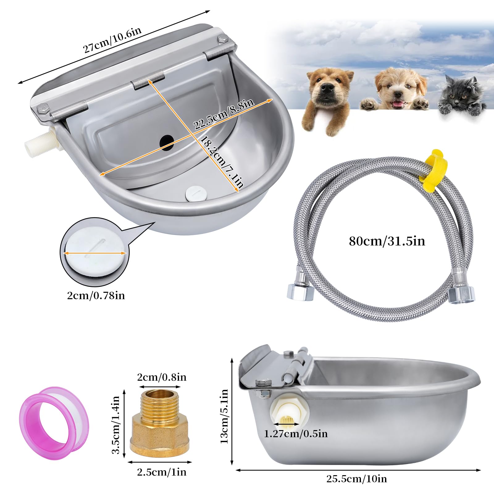 Abreuvoir Automatique pour Animaux De Compagnie, Gamelle Eau Chien en Acier Inoxydable, Pipe À Eau De 80 Cm, Vanne À Flotteur 1/2", pour Poules Chat Cheval Chevre