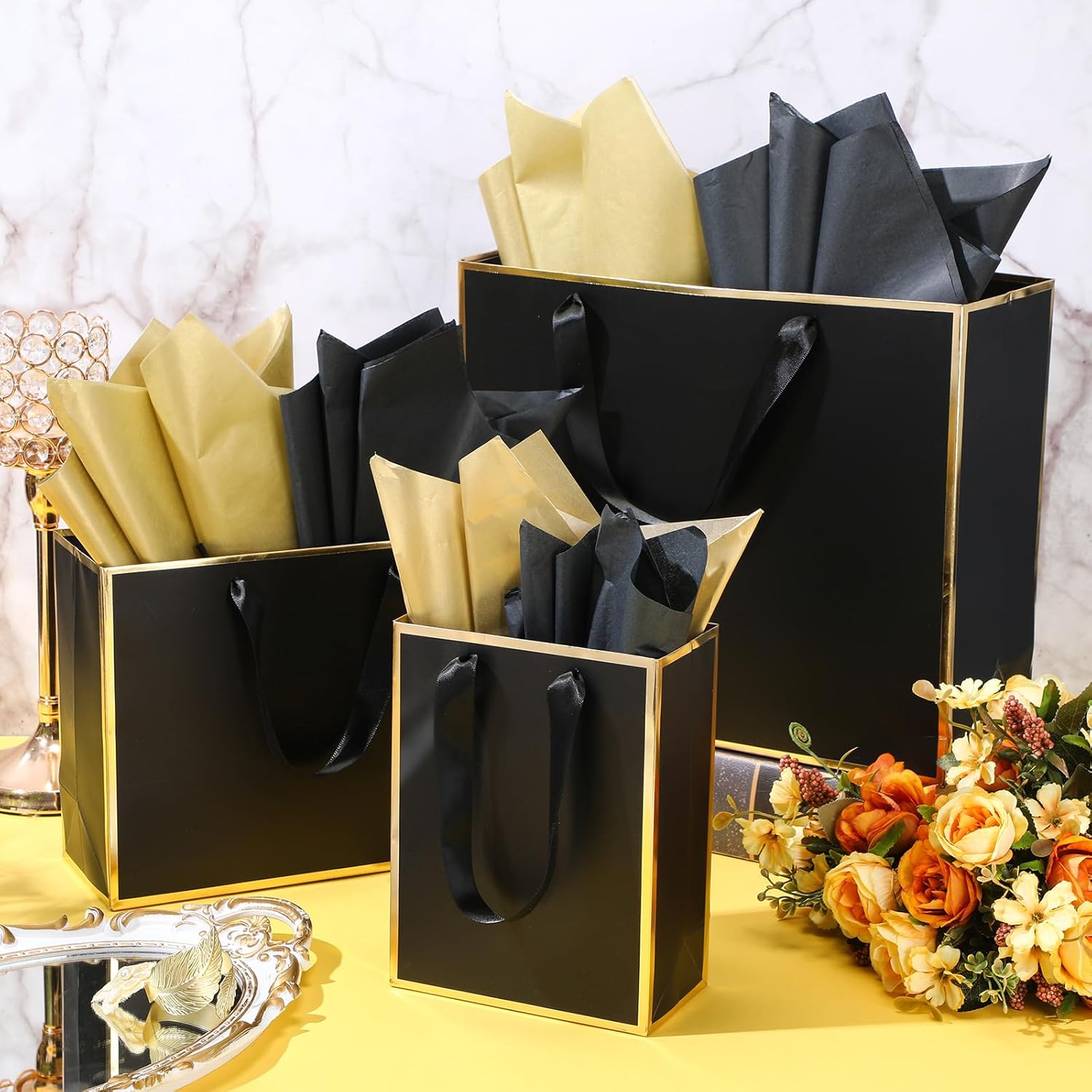 Yeaqee 12 Sets Metallic Paper Gift Bags with Handle Tissue Paper Include 8", 10", 13" Thank You 5 Senses Gift Bags for Him Her Birthday Wedding Groomsmen Bridesmaid Anniversary Favor(Black, Gold) - Image 5