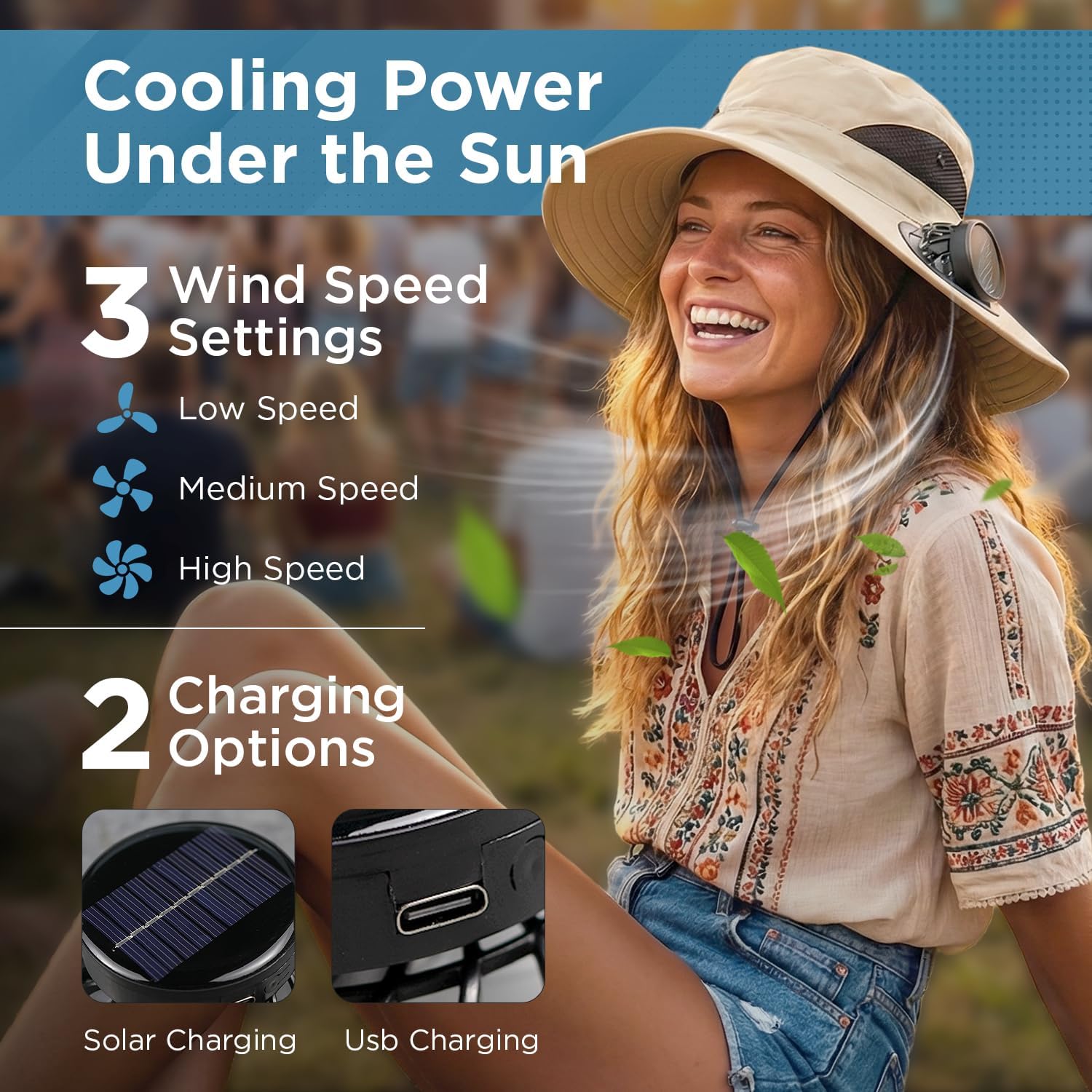 Solar Fan Hat with 2 Removable Fans, Wide Brim Sun Hat USB & Solar Powered for Outdoor Fishing, Camping, Hiking, Gardening, UPF 50+ Sun Protection, Desert Sand - Image 3
