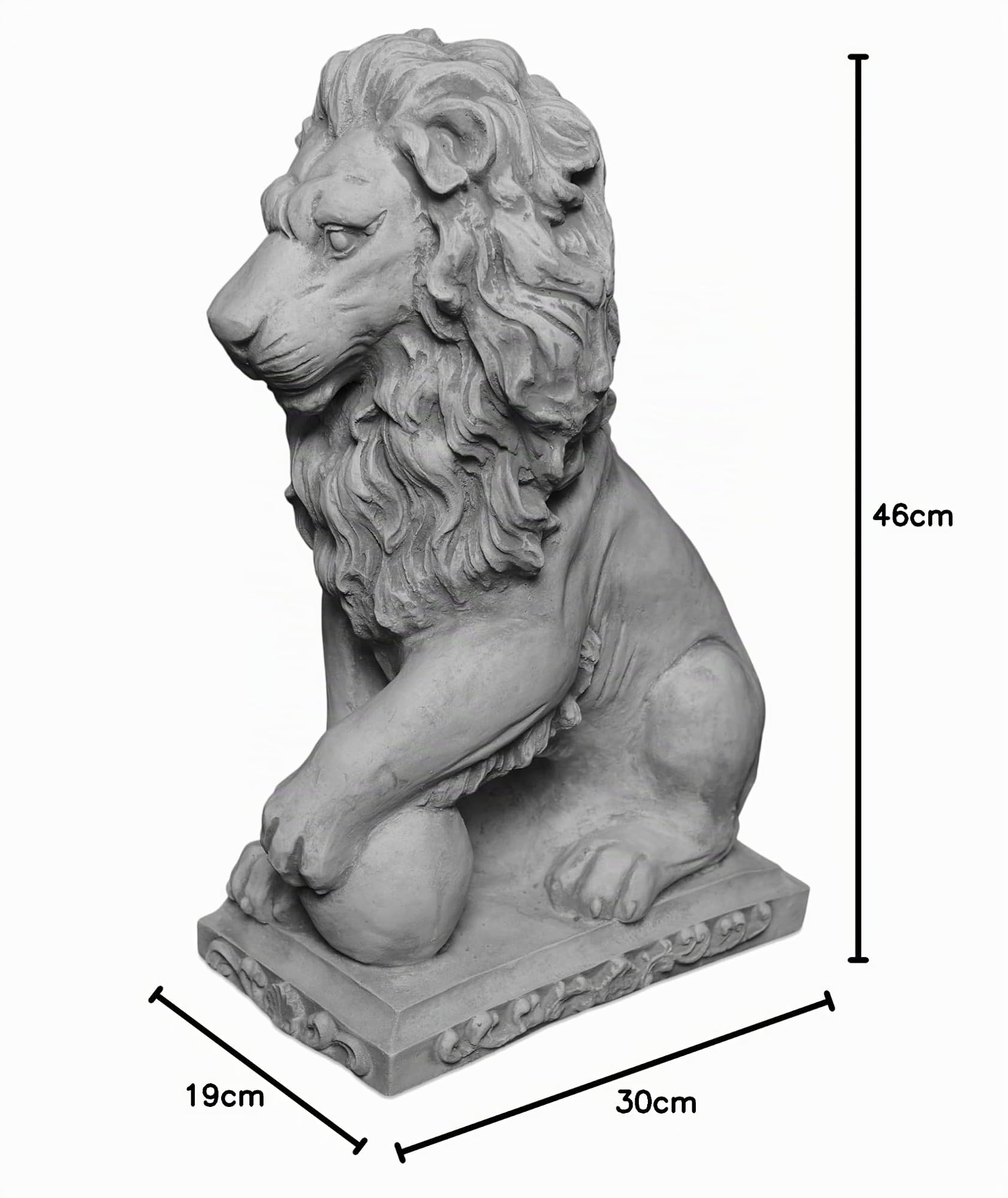 gartendekoparadies.de Statuen Löwen mit Kugel, Steinfigur aus Steinguss, H. 47 cm, je 21 kg, Grau, Frostsicher für Außenbereich (Löwe Links)