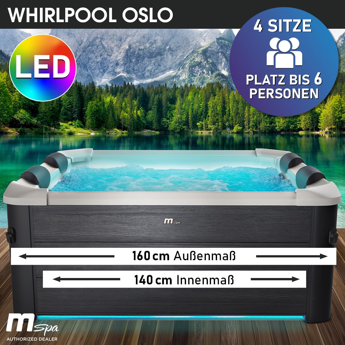 BRAST Whirlpool MSpa Oslo mit Fester Außenwand | LED-Beleuchtung mit 20 einstellbaren Farben für 6 Personen | 160x160x65cm | 120 Massagedüsen | Ganzjähriger Einsatz Winterfest | In & Outdoor Pool