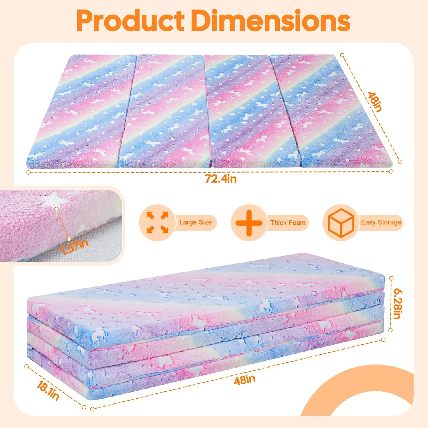 MeMoreCool Kids Floor Futon Mattress, Play Mat Muscle Mat Large 6x4 FT, Thicken Foam Tatami Mattress for Children Play Area, Foldable Sleeping Crawling Pad for Playroom, Rainbow Unicorn