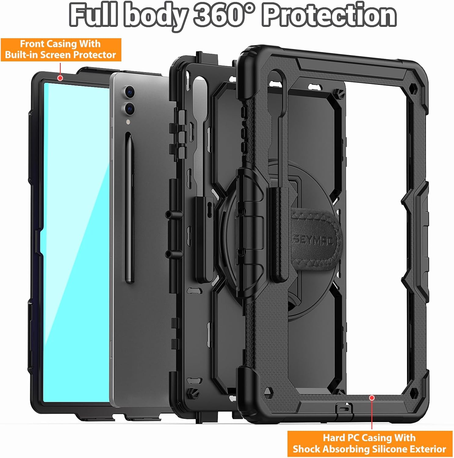 SEYMAC for Samsung Galaxy Tab S10 Ultra 2024/ S9 Ultra/ S8 Ultra Case 14.6 Inch, Heavy Duty Shockproof Protective Case with Screen Protector, Stand, Hand/Shoulder Strap and Pen Holder, Black