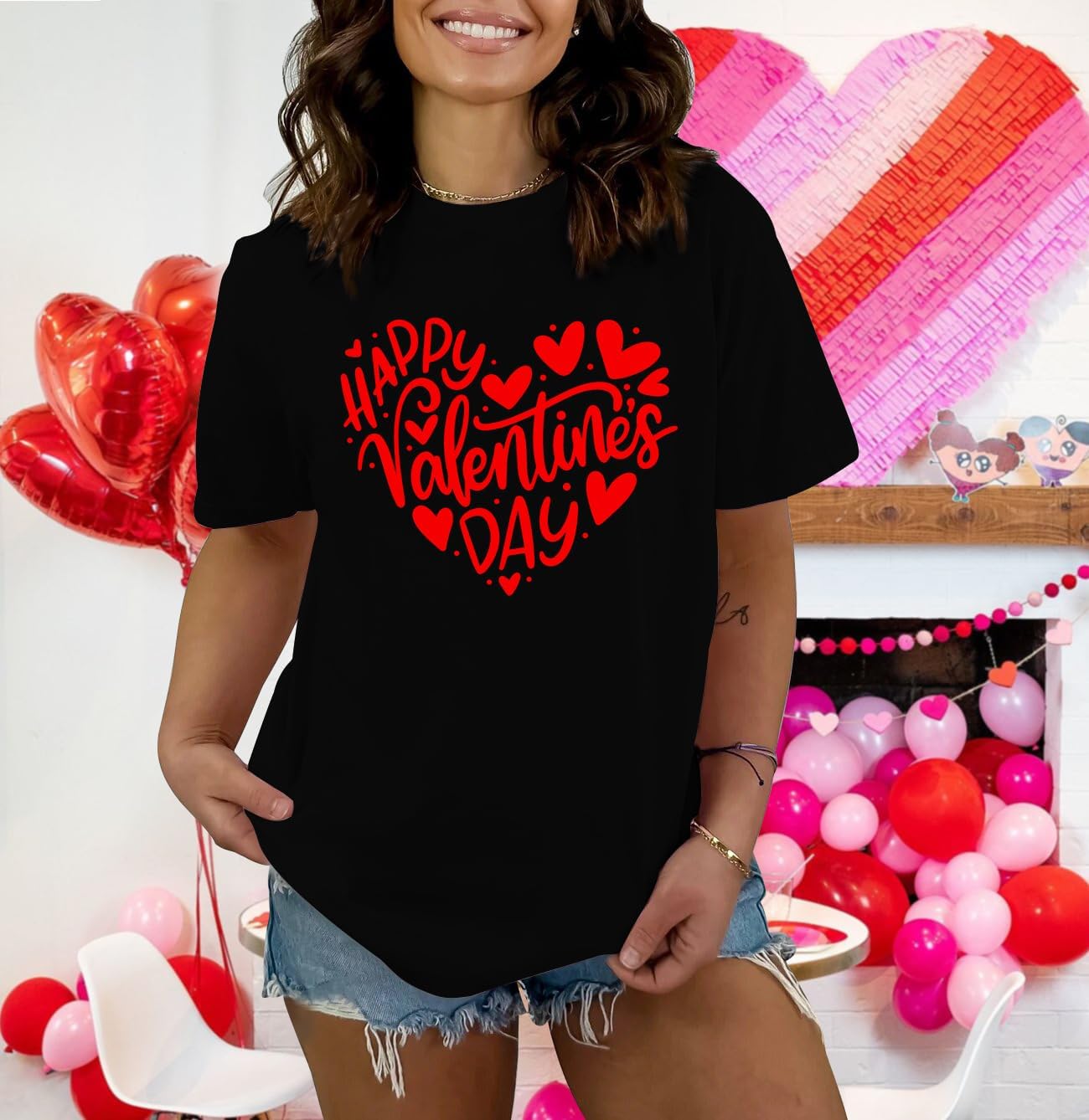 Womens Valentines Day T-Shirt Romantic Love Heart T-Shirt Valentine Tee Tops - Image 4