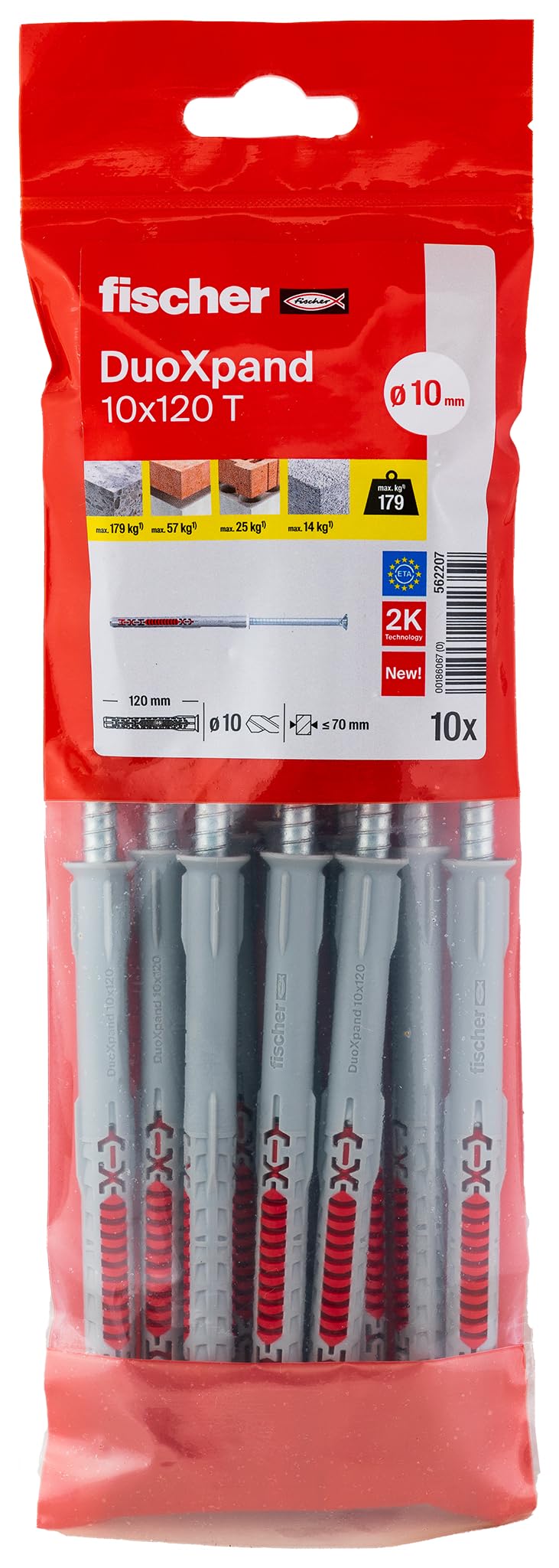 Fischer Red Duoxpand 10 X 120 T, High Quality Universal Dowel With Galvanised Countersunk Screw (Pack Of 10), Dowels For Strong Hold, Ideal For Porous Building Materials & Close To Edge Anchors Indoors
