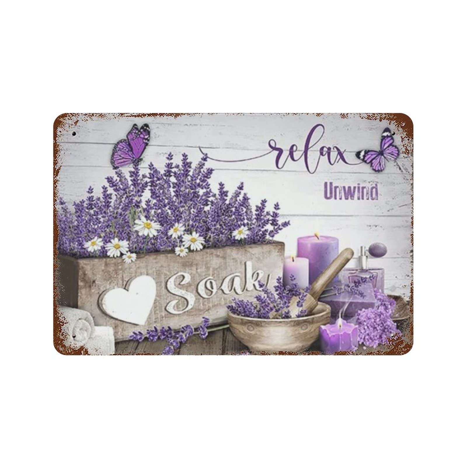 Bathroom Decor Wall Art Farmhouse Purple Candle and Lavender Floral Metal Tin Sign Iron Painting Print Ready to Hang Wall Decor Vintage Wall Decor