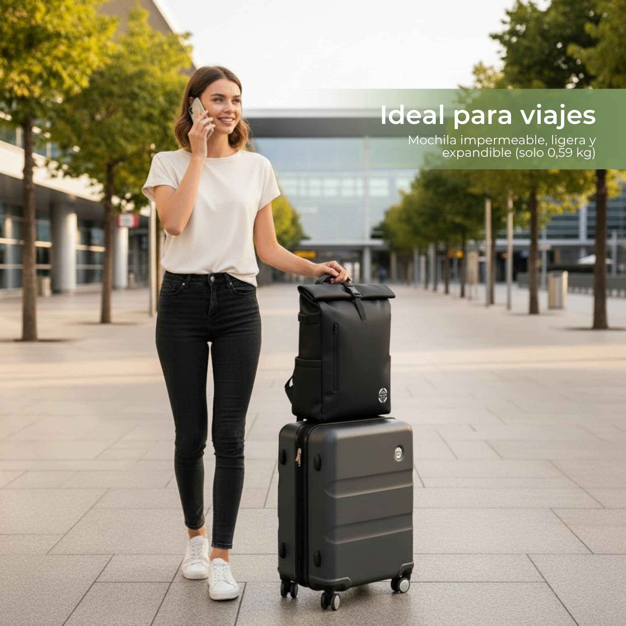 Mochila Enrollable Impermeable Rolltop Expandible 20-25L con Acceso Rápido Portátil, Casual Hombre Mujer, Ligera, Organizadores, Asa Torlley, Correas Acolchadas, Viaje, Trabajo, Universidad, Negra