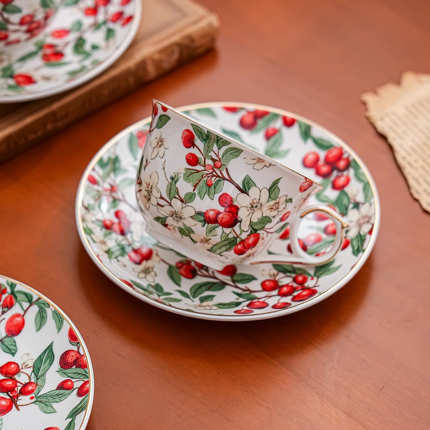 Agyiuns Ceramic Espresso Cups 5oz，Small Coffee Cups for Latte Cappuccino, Tea Cup and Saucers Set of 4 for Party Birthday,Party Cafe Home, Christmas Gift