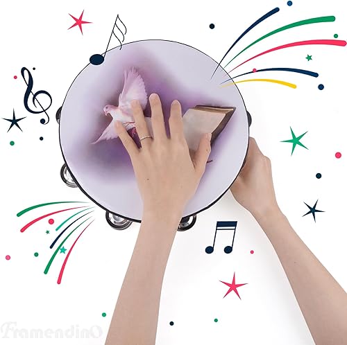 Miniatura 6 de Framendino, Paquete de 2 panderetas de madera de paloma de 8 y 10 pulgadas, tambor de mano de doble fila, color blanco