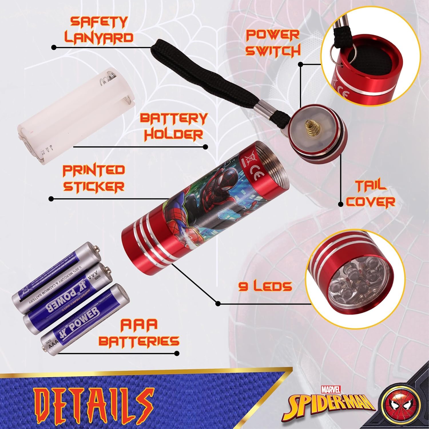 SRV Hub 2 Torce LED Spider Man In Alluminio Per Bambini – 45 Lumen, 10m Di Portata, Con Batterie AAA Incluse, 3+ Anni - 6