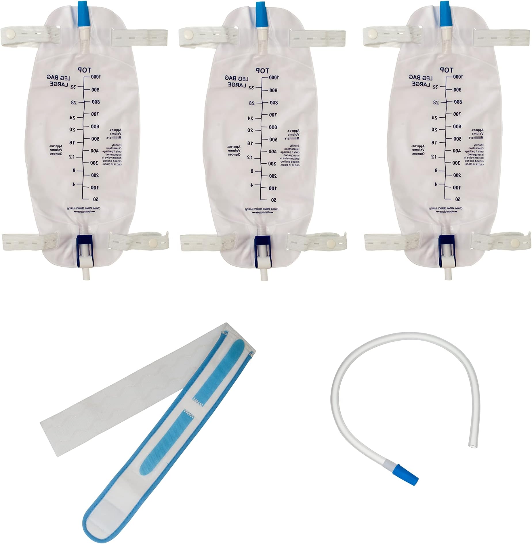 Leg Bag Urinary Drainage Bag 3-Pack, 1000ml – Includes 3×18” Tubing, Anti-Reflux Valve, Cloth Straps, Easy Flip Drain Valve & Deluxe Leg Strap – Comfortable Catheter Drainage for Night or Day Use.