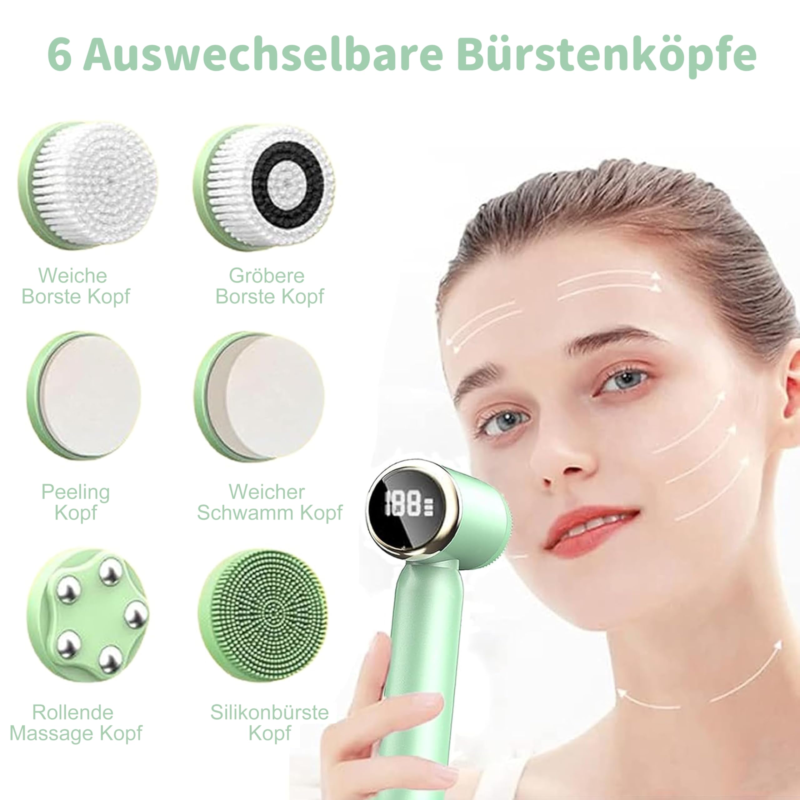 6 in 1 Elektrische Gesichtsbürste, Tiefenreinigung zur Poren- Peeling- und Mitesserreinigung, Gesichtsbürste mit 3-Stufige Rotation, Wasserfest ＆ Akku für Männer und Frauen Jeden Hauttyp (Grün)