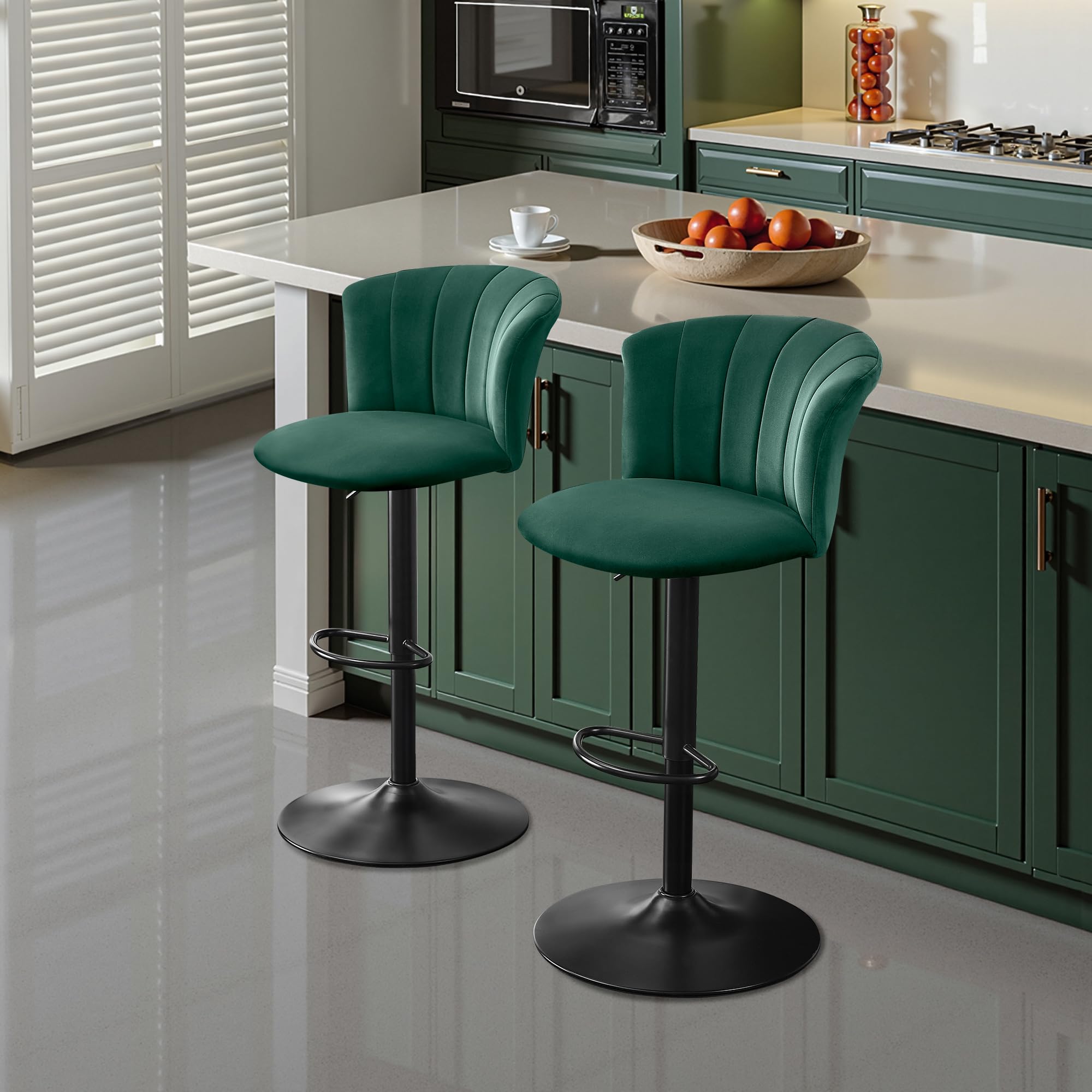 STOOLINK 2er Set Barhocker Höhenverstellbar Barstuhl Seidensamtstoff, Küchenhocker 360° Drehbar, Barhocker mit Lehne, Tresenhocker 150kg Belastbar für Küche, Esszimmer-Grün