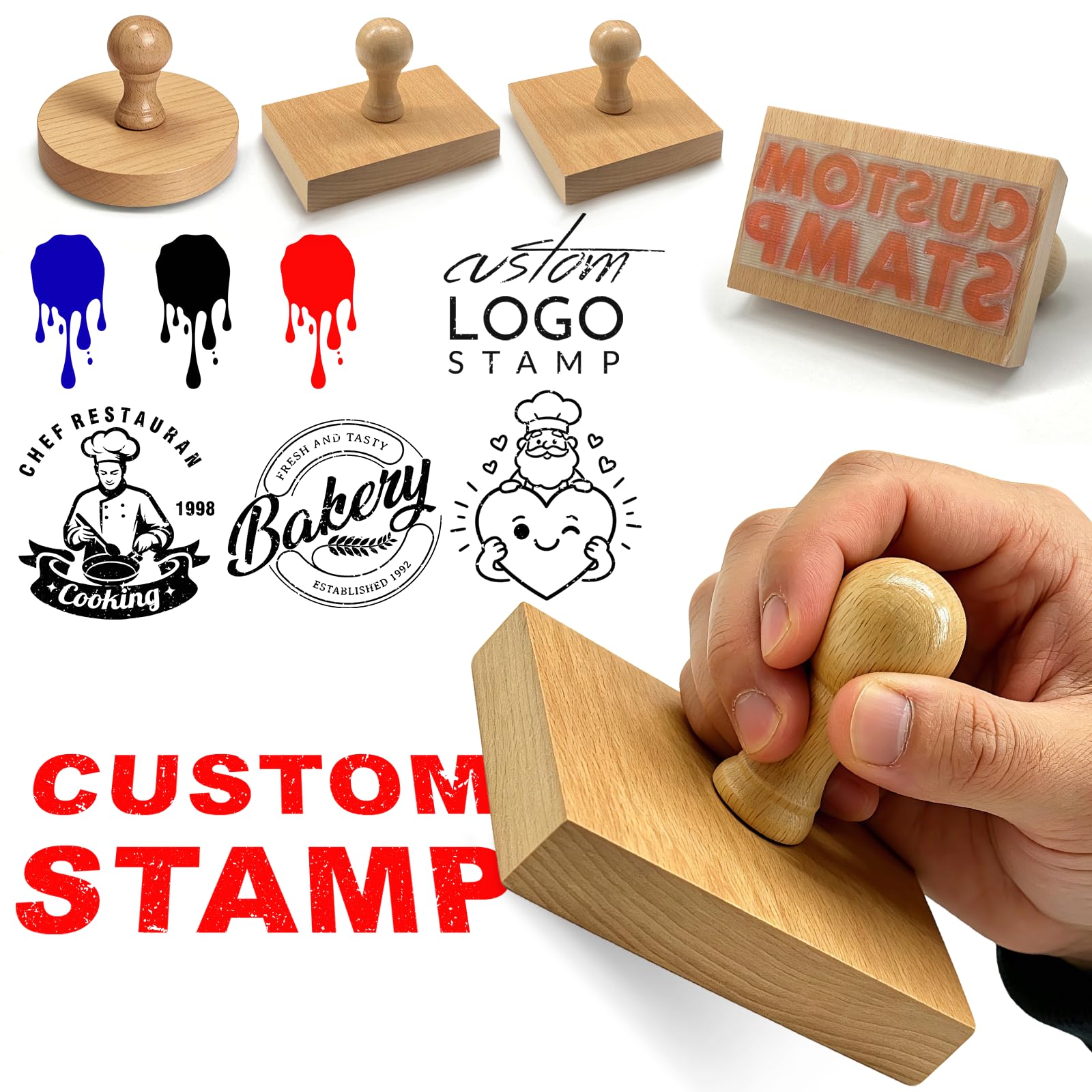 Custom Logo Stamp Personalised Rubber Stamp Wood Handle Customised Stamps with Address/Name/Text-Upload Your Own Image Office Business