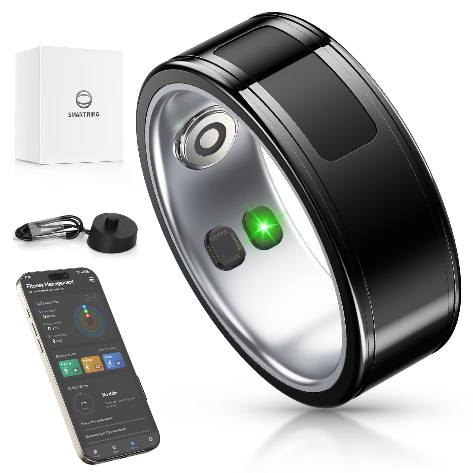 Anillo inteligente, monitor de actividad física de 24 horas con carga inalámbrica, anillo de salud con impermeabilidad IP68, rastreador de fitness para hombres/mujeres, conexión de aplicación portátil