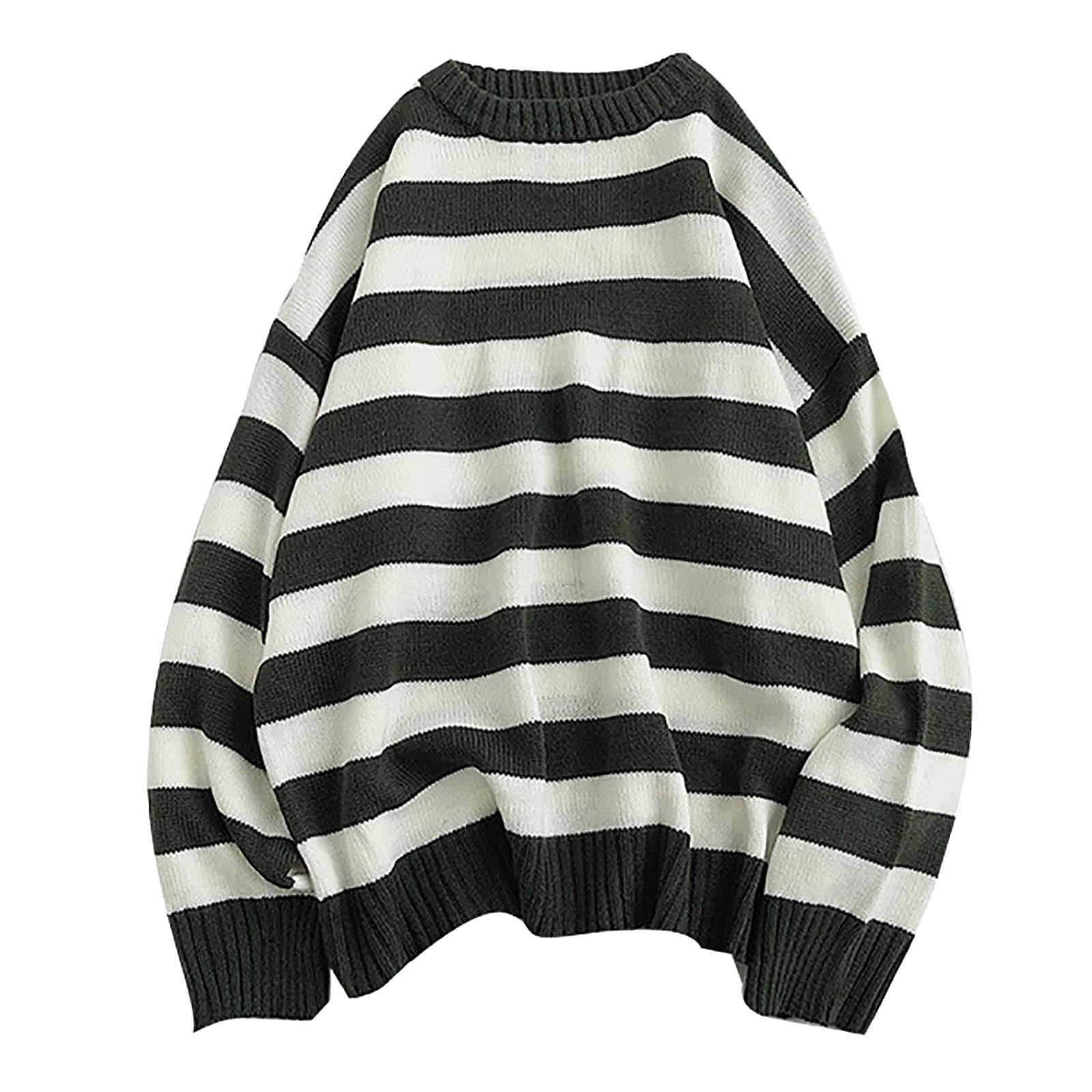 Maglione Moda Uomo Autunno Lavorato a Maglia Bicolore a Righe Girocollo Mag