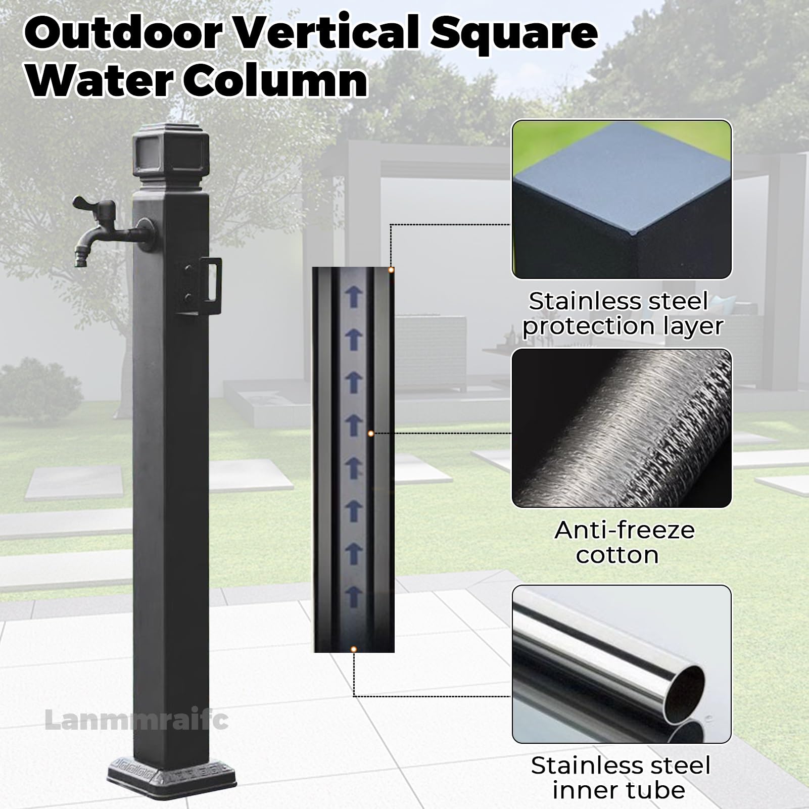 Grifo de agua de jardín de acero inoxidable, grifo de manguera anticongelante para exteriores, columna de agua vertical para fuente decorativa de hidrante, ideal para patio y patio trasero